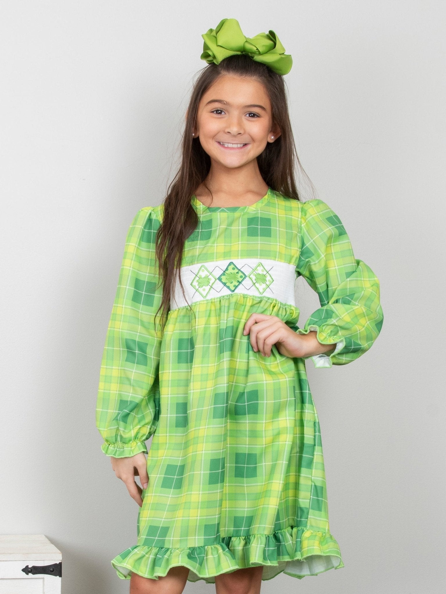 Green Plaid Smocked Clover Ruffle Dress - Marie Nicole Clothing