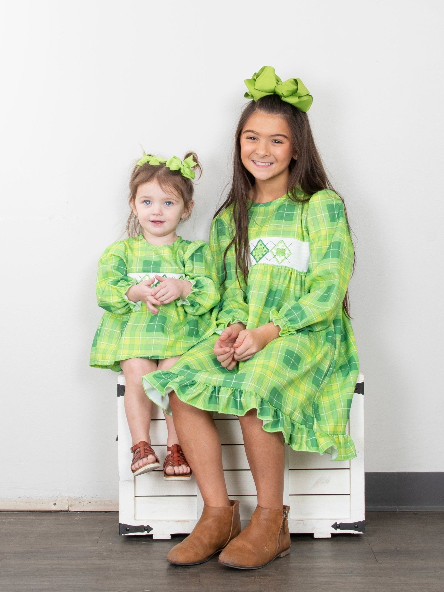 Green Plaid Smocked Clover Ruffle Romper - Marie Nicole Clothing