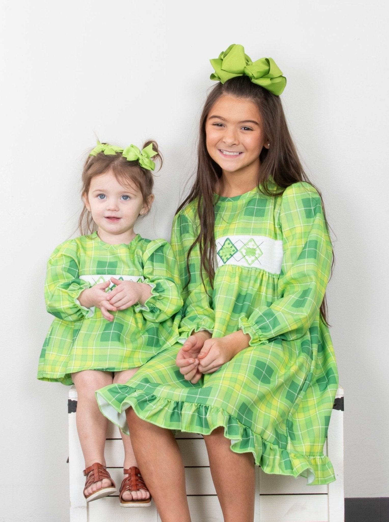 Green Plaid Smocked Clover Ruffle Dress - Marie Nicole Clothing
