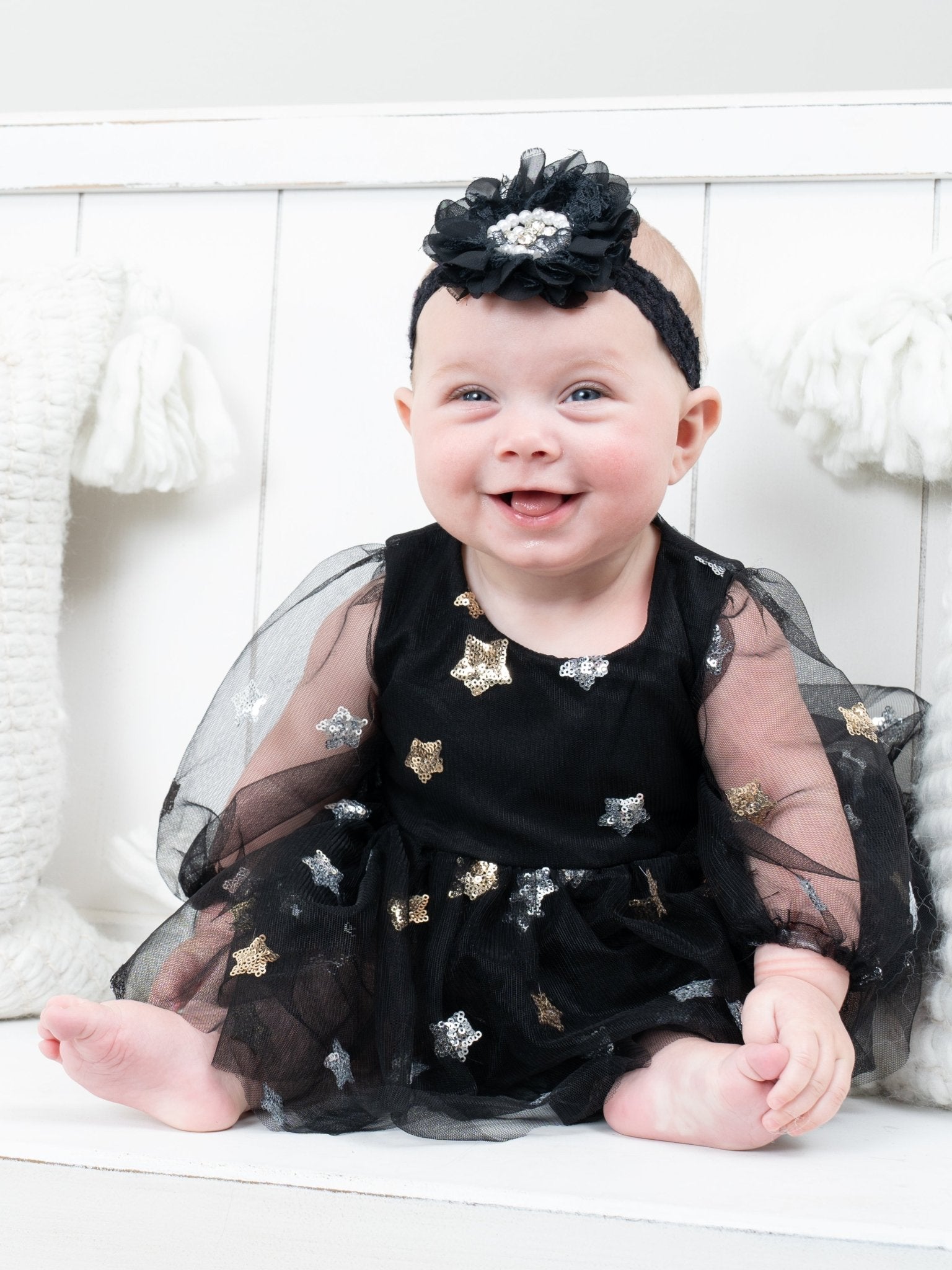 Black Sequin Star Tulle Bubble Romper - Marie Nicole Clothing