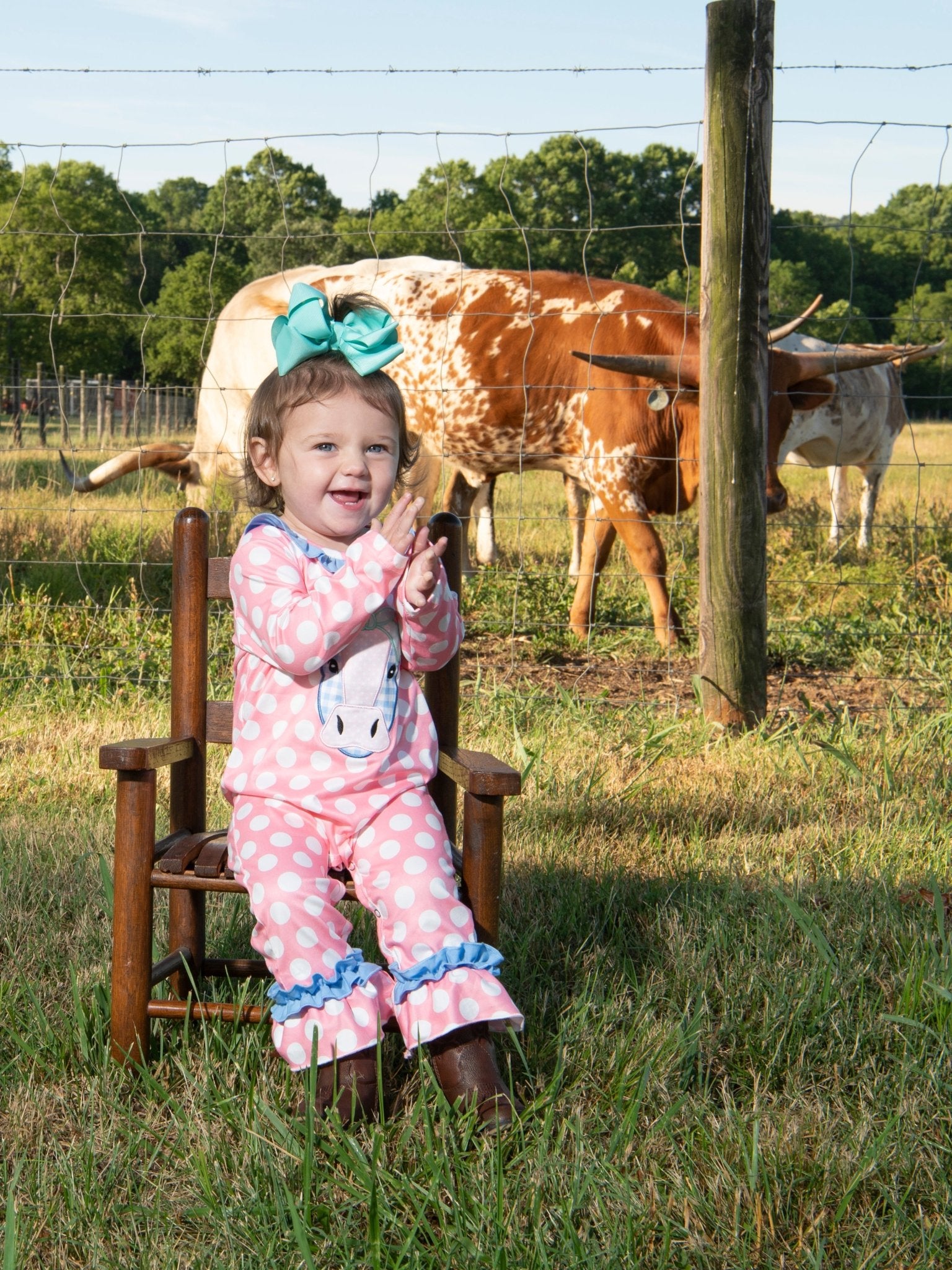 Pink Polka Dot Cow Ruffle Romper - Marie Nicole Clothing