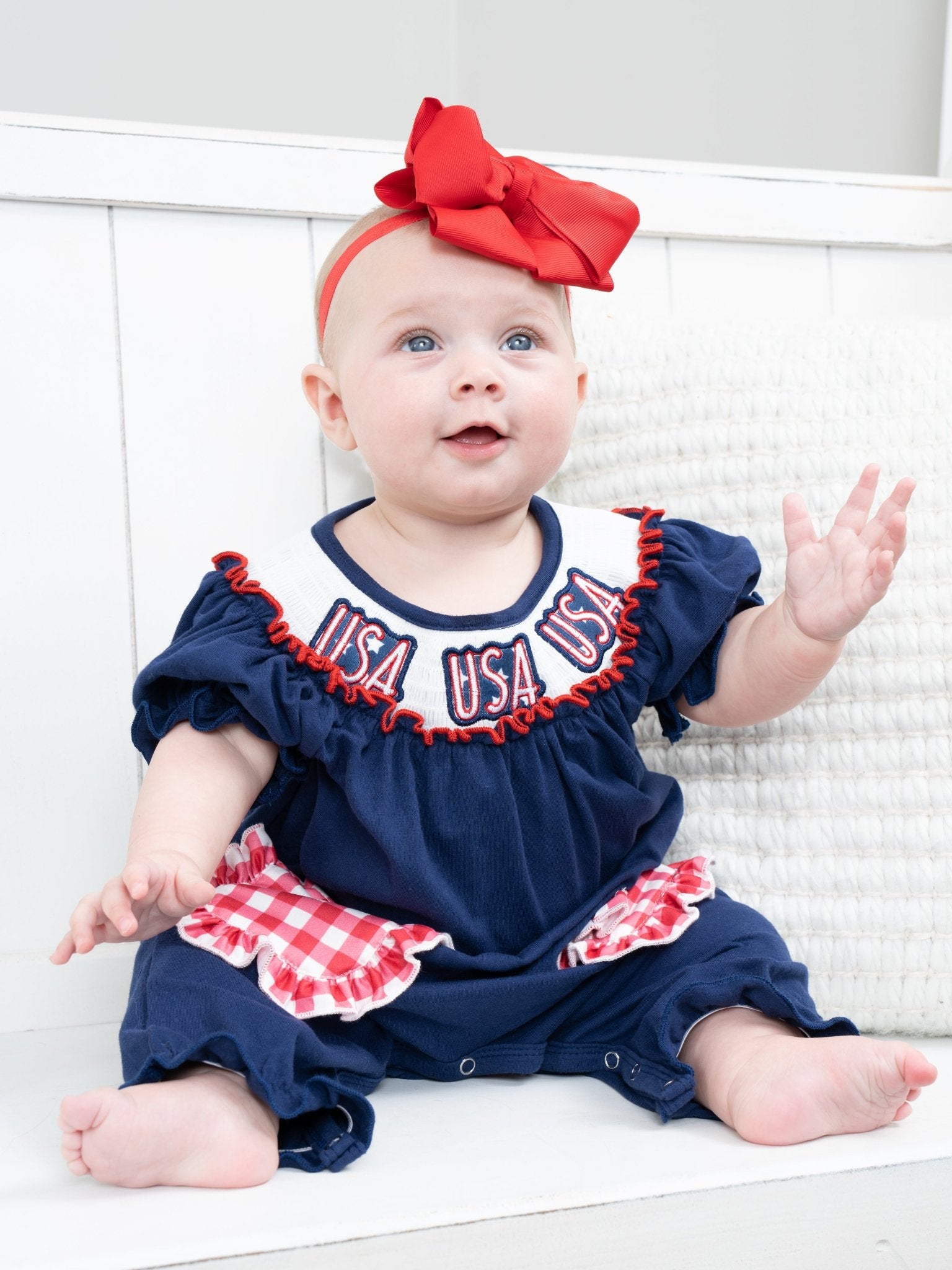"USA" Smocked Gingham Romper - Marie Nicole Clothing