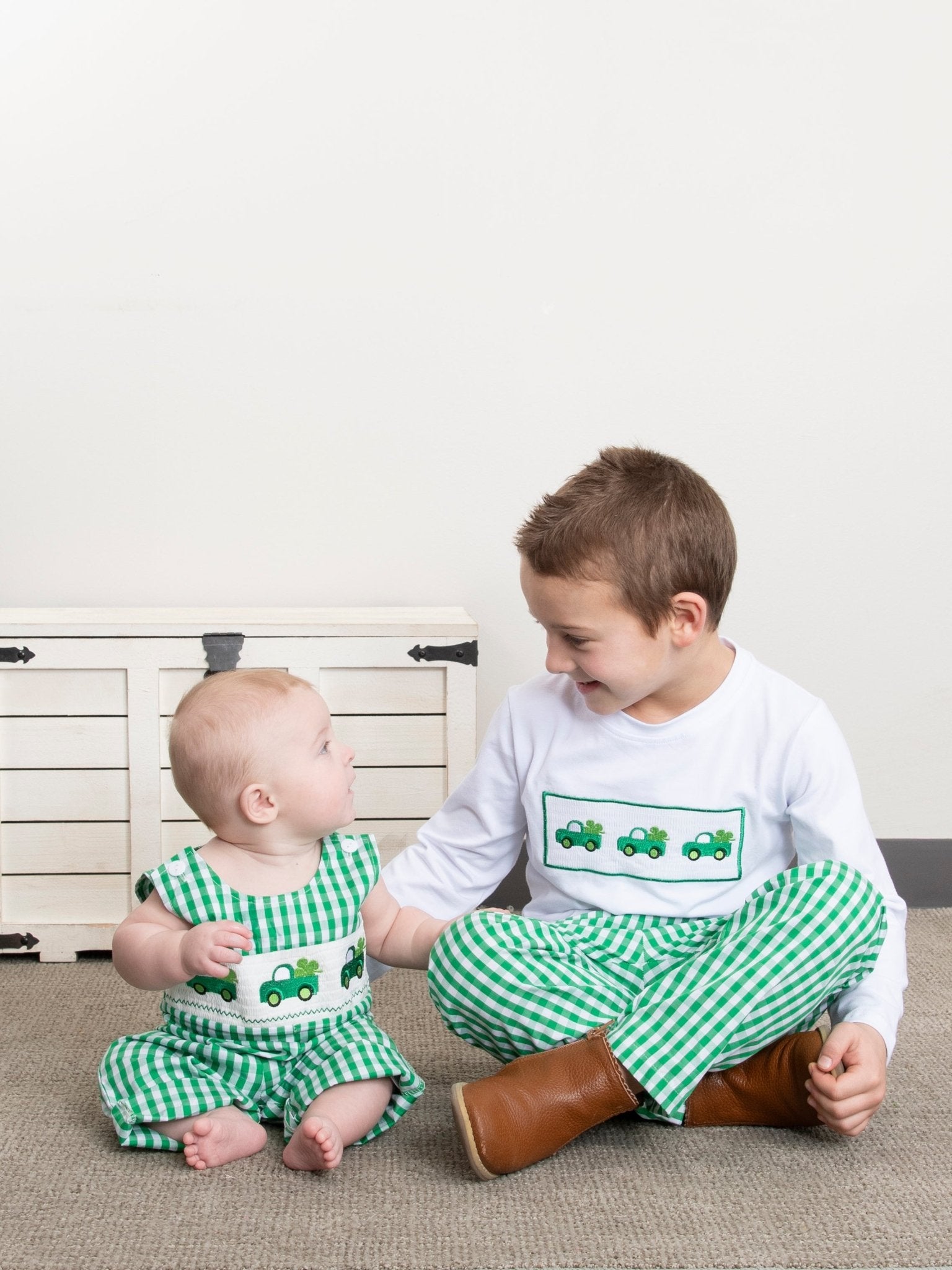 Green Gingham Smocked Clover Truck Outfit - Marie Nicole Clothing