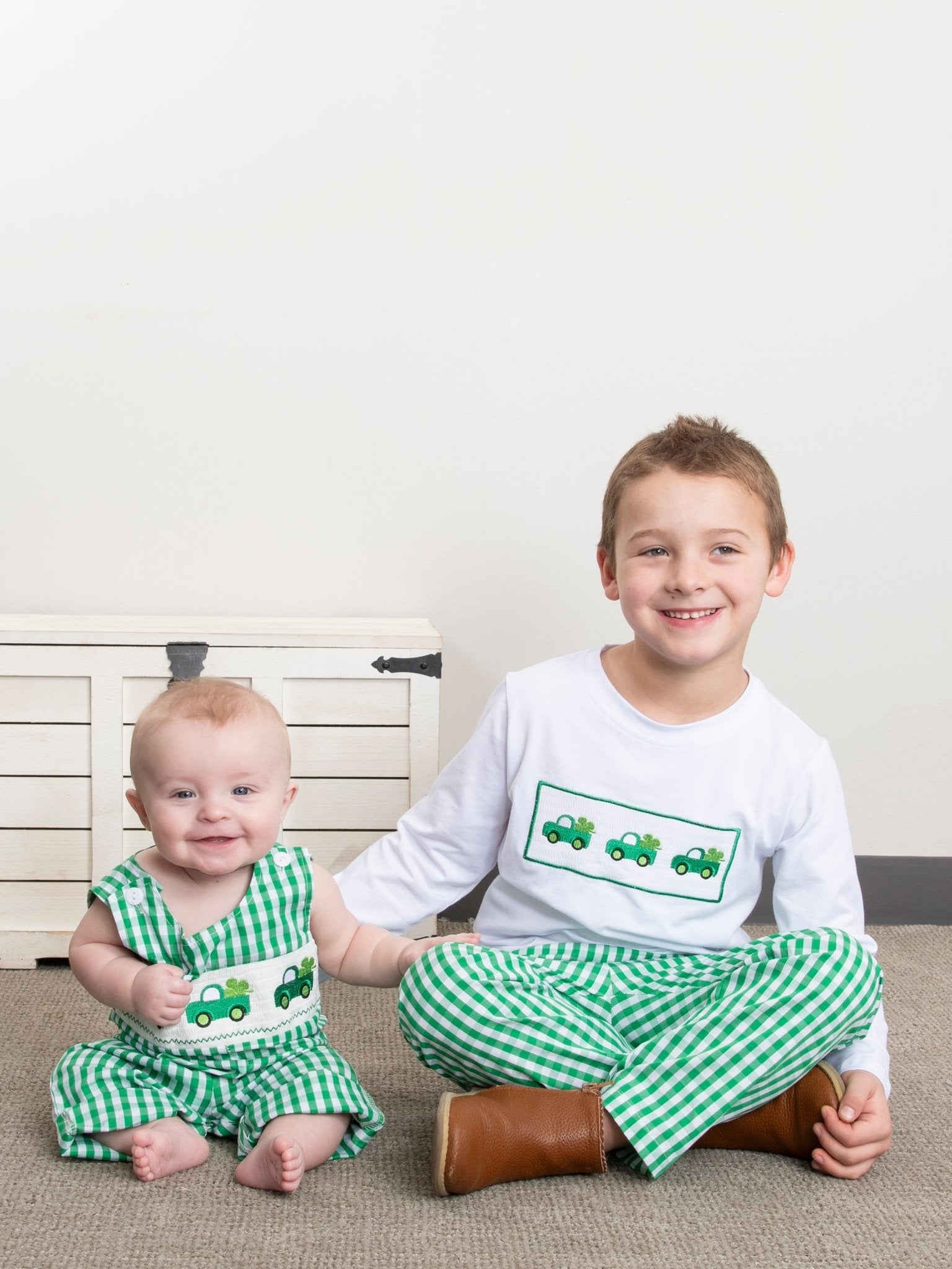 Green Gingham Smocked Clover Truck Johnny - Marie Nicole Clothing