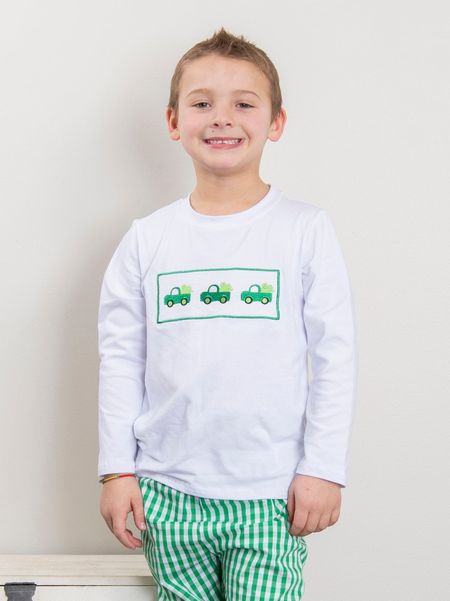 Green Gingham Smocked Clover Truck Outfit - Marie Nicole Clothing