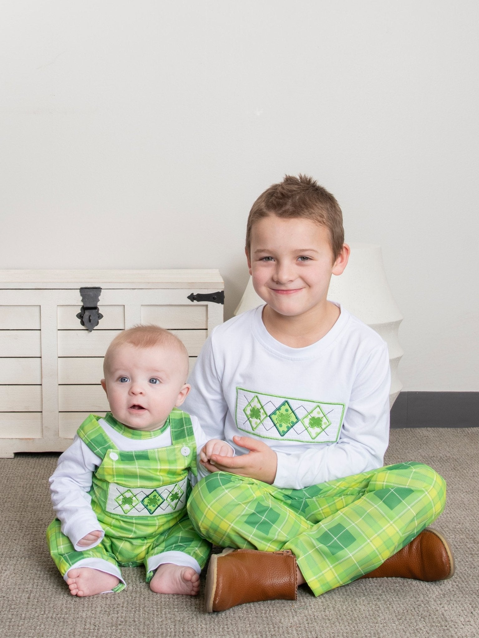 Green Plaid Smocked Clover Overall Romper - Marie Nicole Clothing