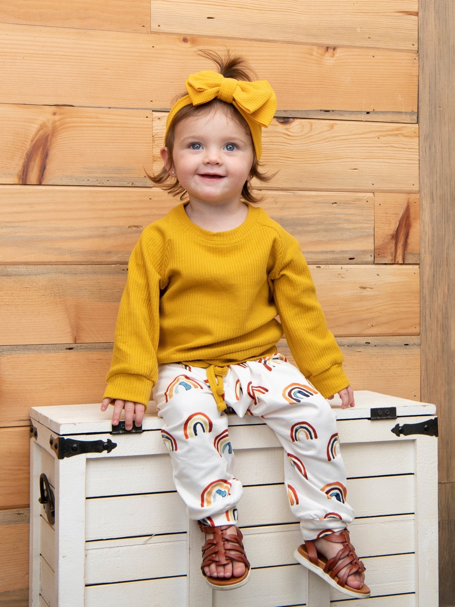 Mustard Top & Rainbow Joggers Outfit - Marie Nicole Clothing