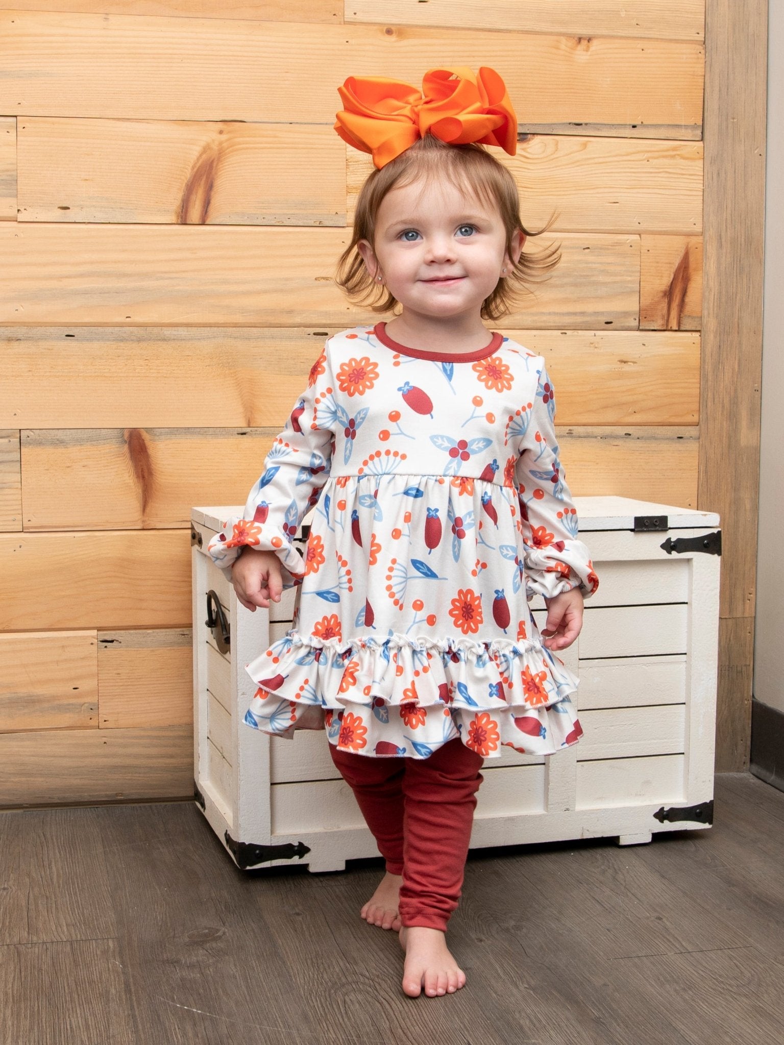 Burnt Orange Fall Floral Ruffle Tunic Outfit - Marie Nicole Clothing