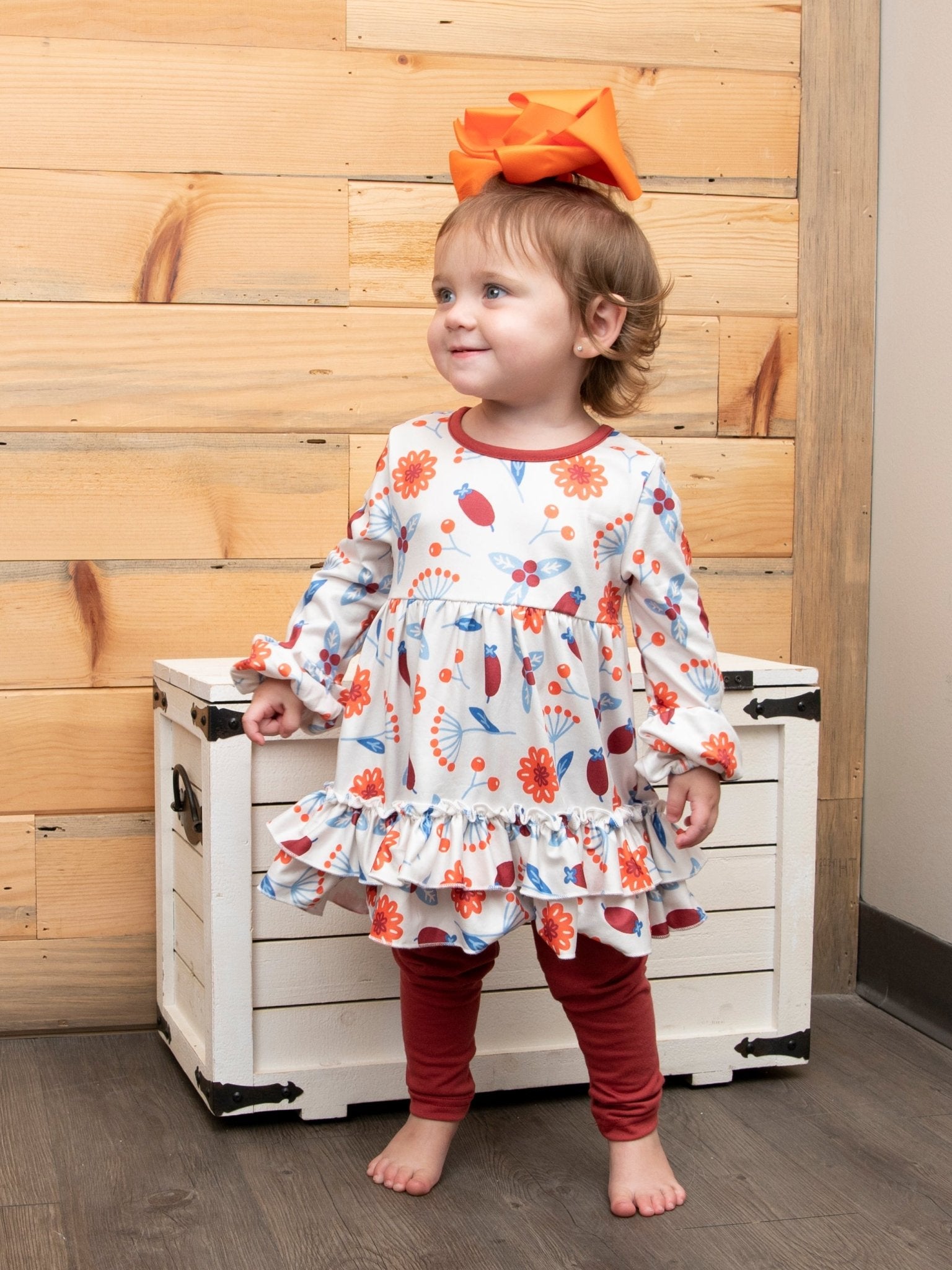 Burnt Orange Fall Floral Ruffle Tunic Outfit - Marie Nicole Clothing