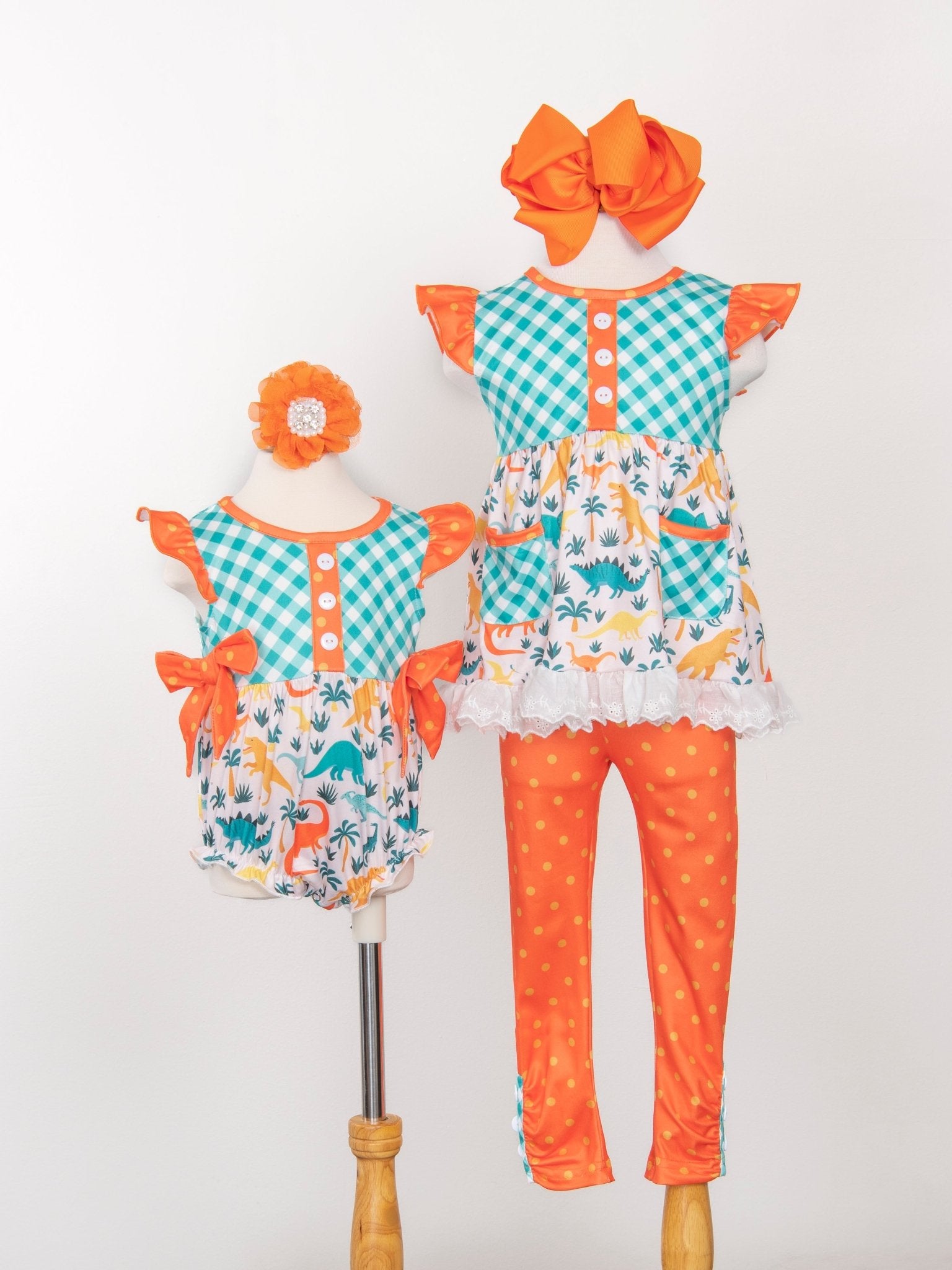 Teal Gingham Dinosaur Ruffle Romper - Marie Nicole Clothing