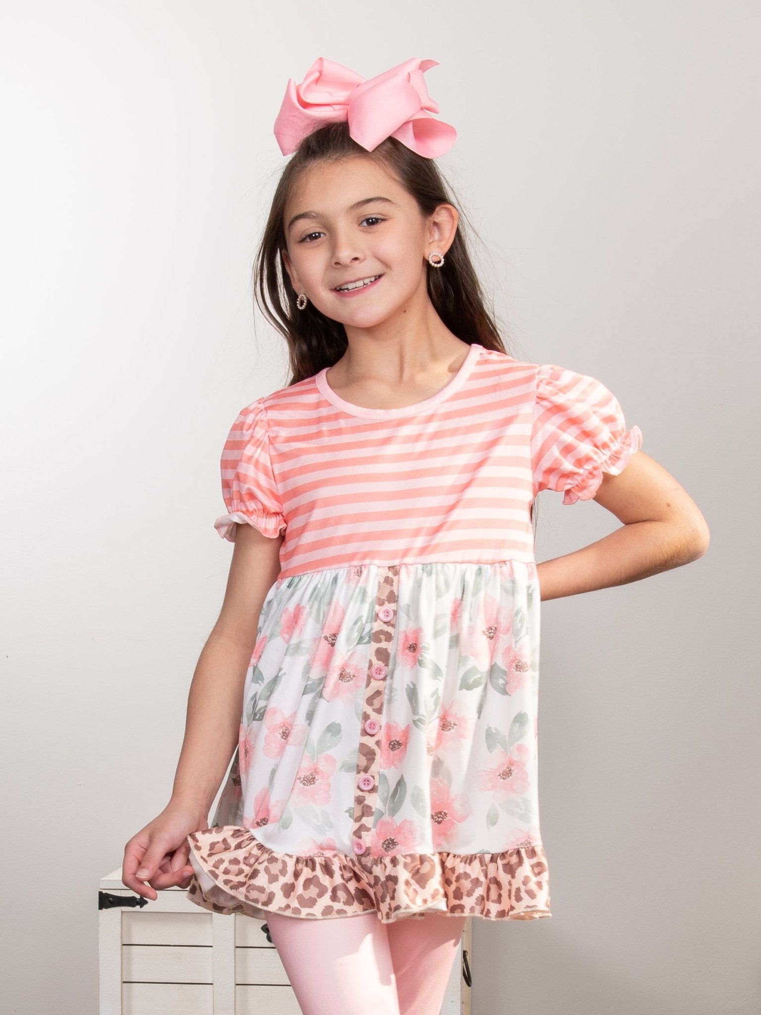 Peach Floral Leopard Ruffle Outfit - Marie Nicole Clothing
