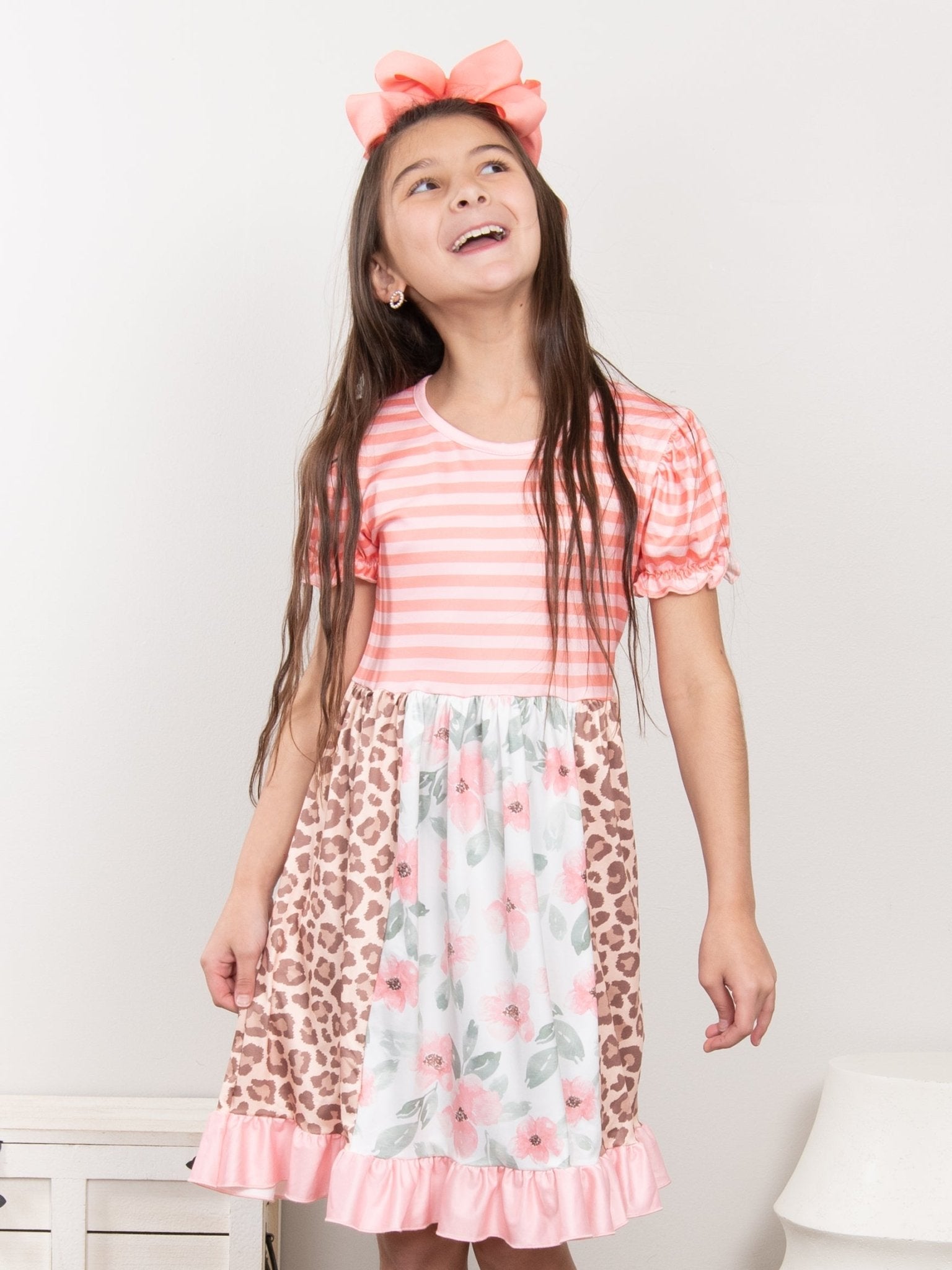 Peach Floral Leopard Ruffle Dress - Marie Nicole Clothing