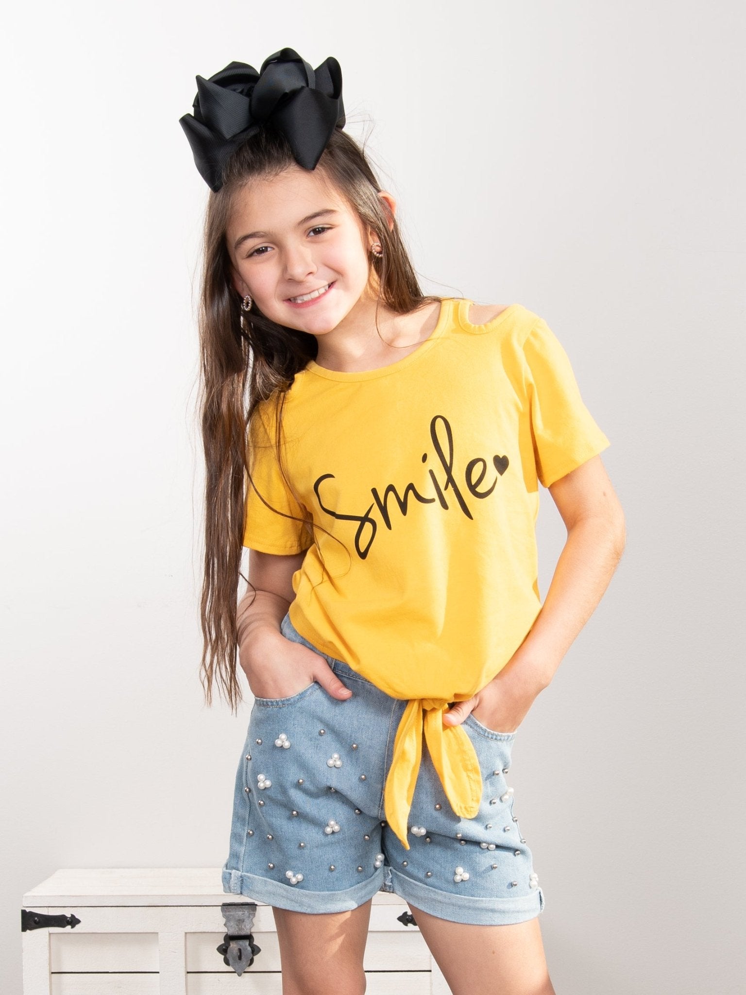 Yellow "Smile" Tie Top & Denim Shorts Outfit - Marie Nicole Clothing