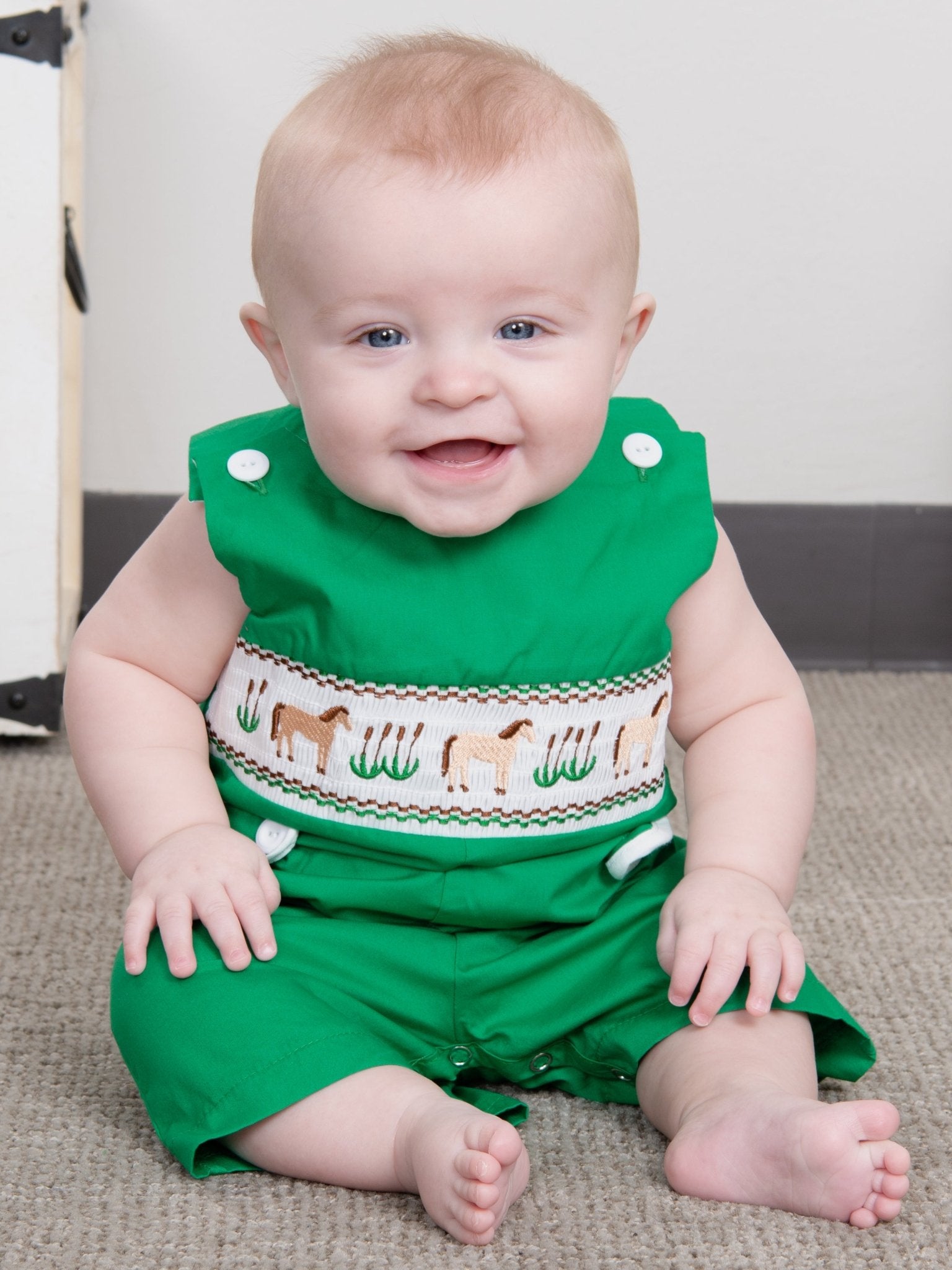 Green Smocked Horse Johnny - Marie Nicole Clothing