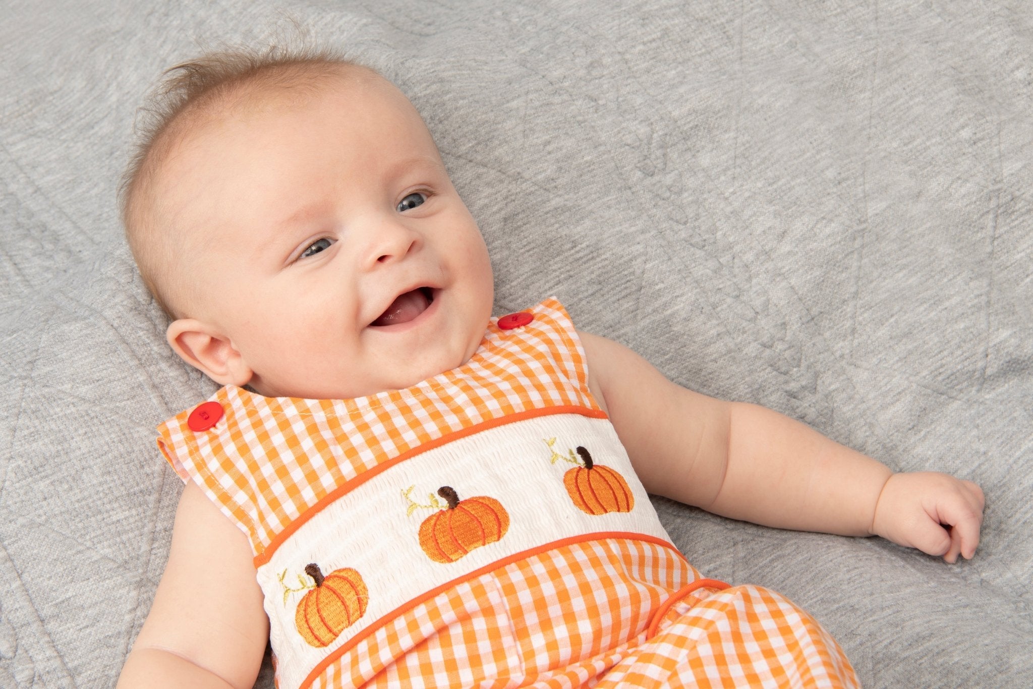 Orange Gingham Smocked Pumpkin Johnny - Marie Nicole Clothing