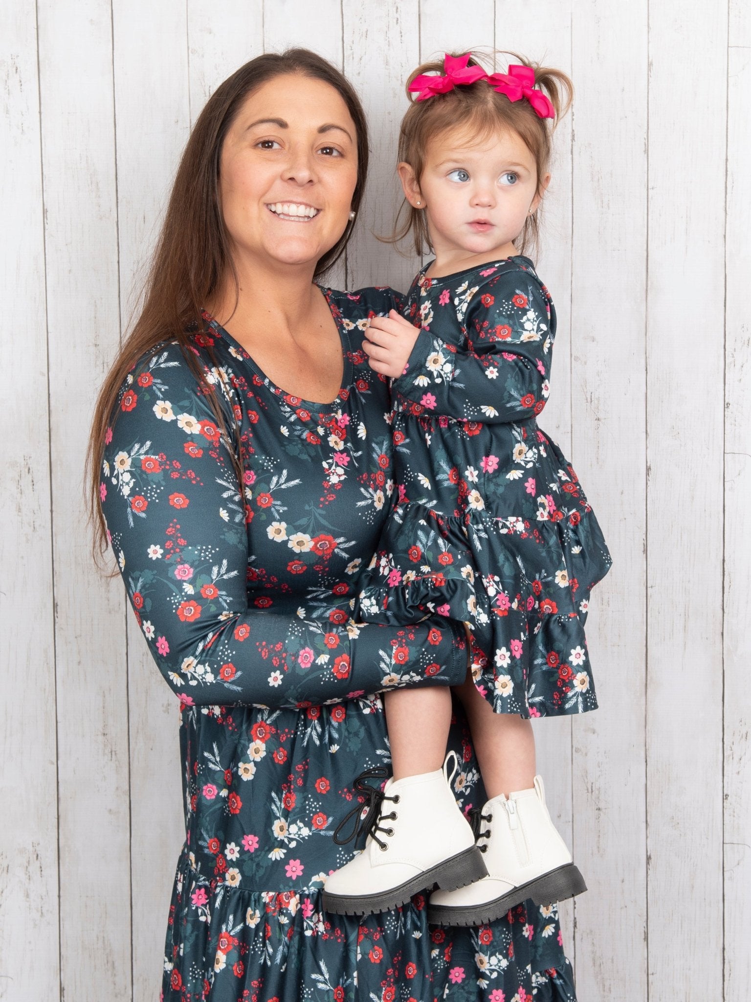 Mom & Me Deep Green Floral Tiered Dress - Marie Nicole Clothing