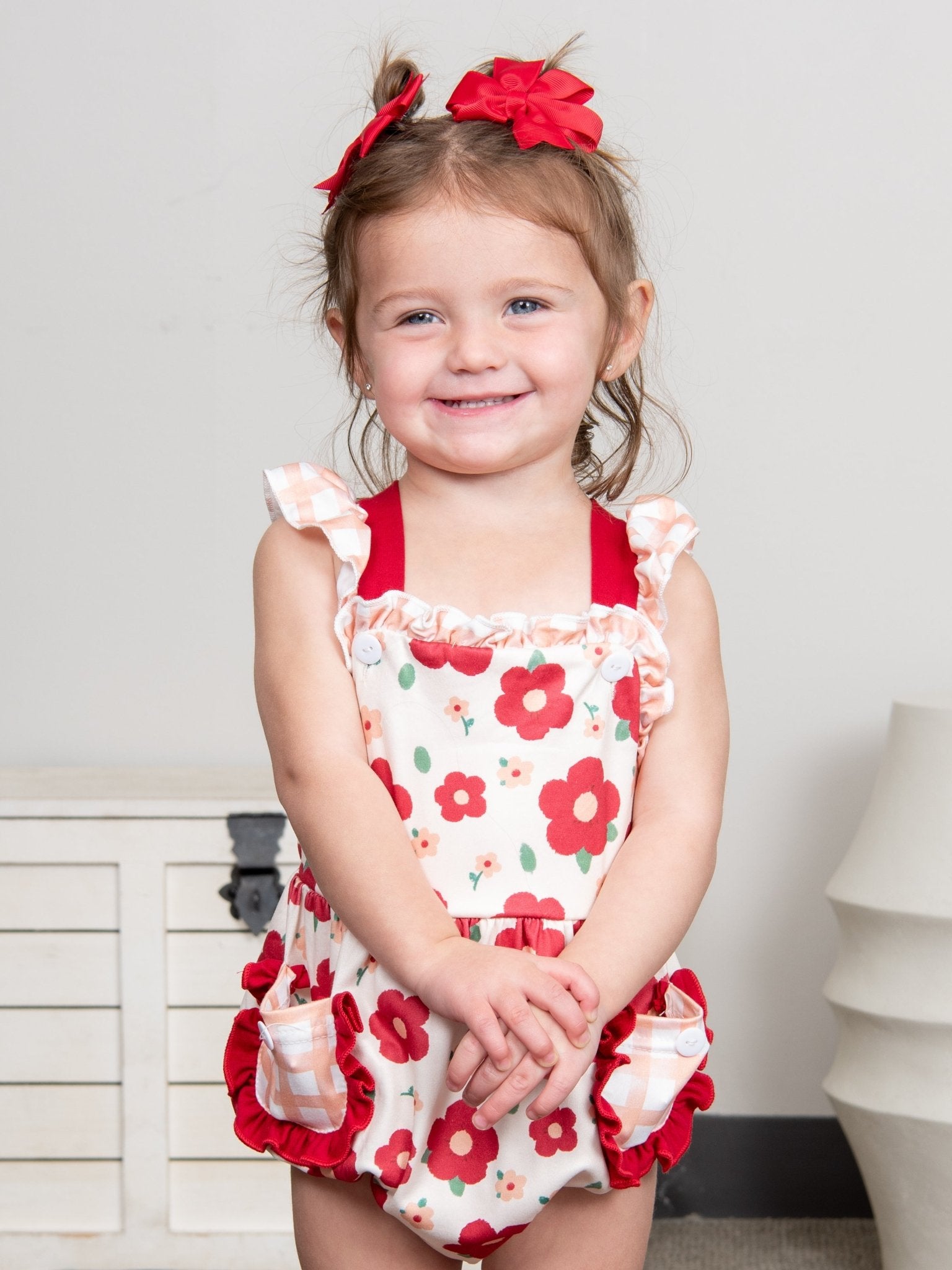 Red Poppy Pocket Ruffle Romper - Marie Nicole Clothing
