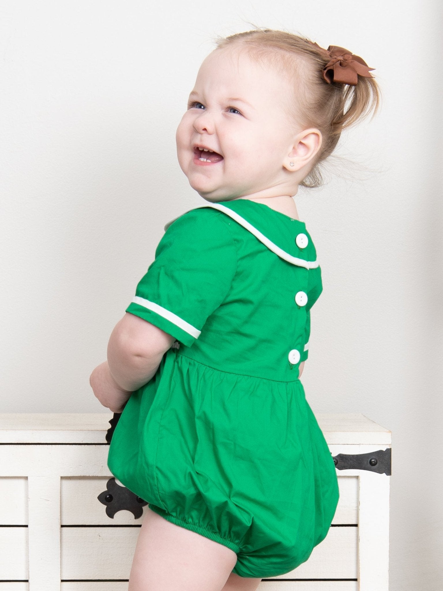 Green Smocked Horse Vintage Romper - Marie Nicole Clothing