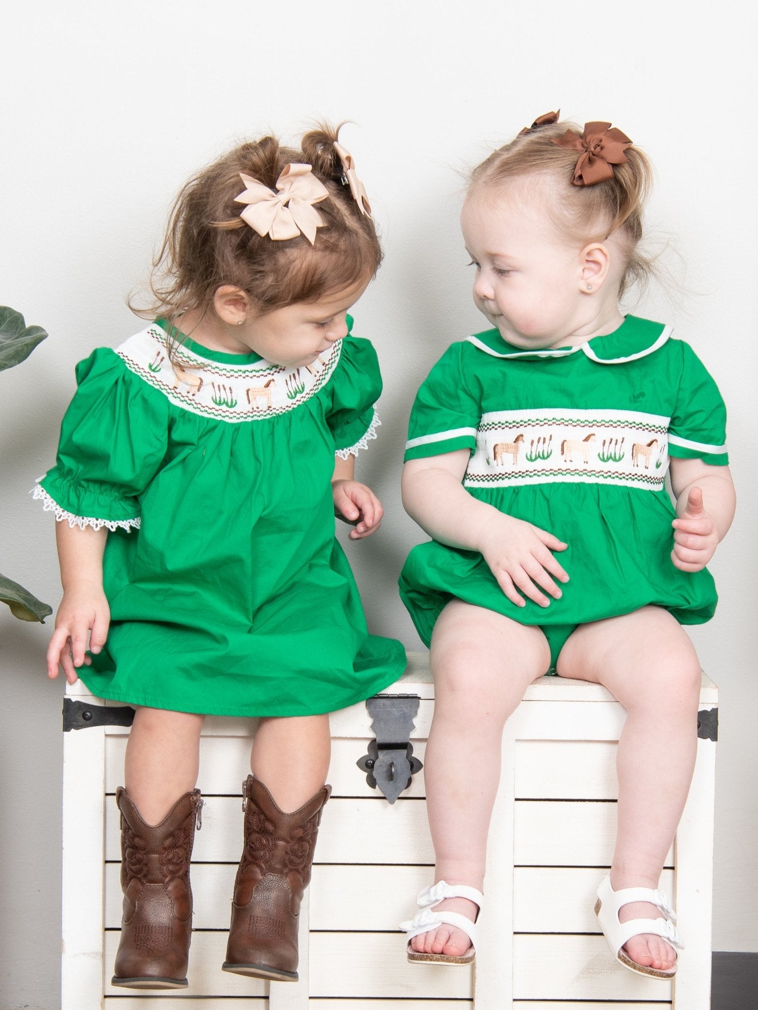 Green Smocked Horse Dress - Marie Nicole Clothing