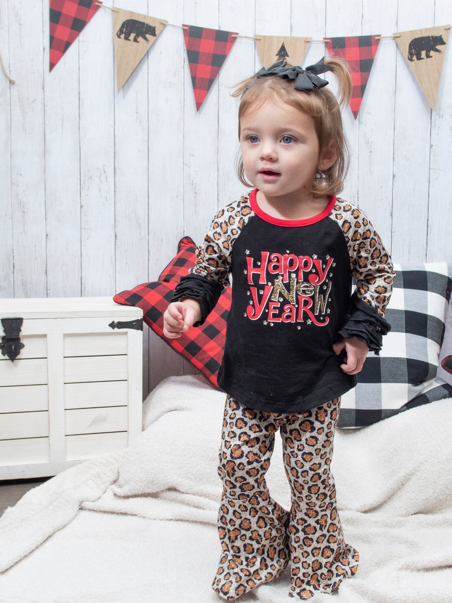 "Happy New Year" Leopard Raglan Ruffle Outfit - Marie Nicole Clothing