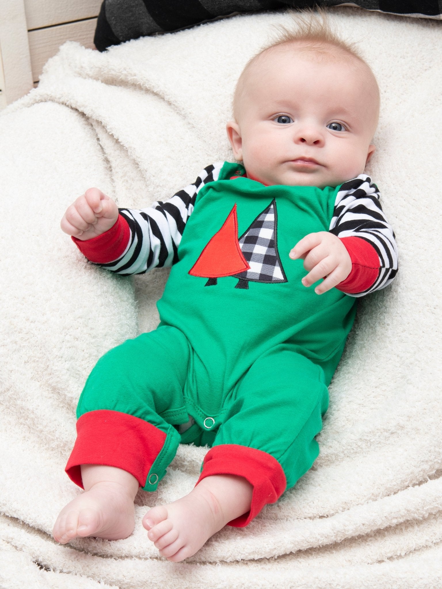 Green Striped Christmas Tree Raglan Romper - Marie Nicole Clothing