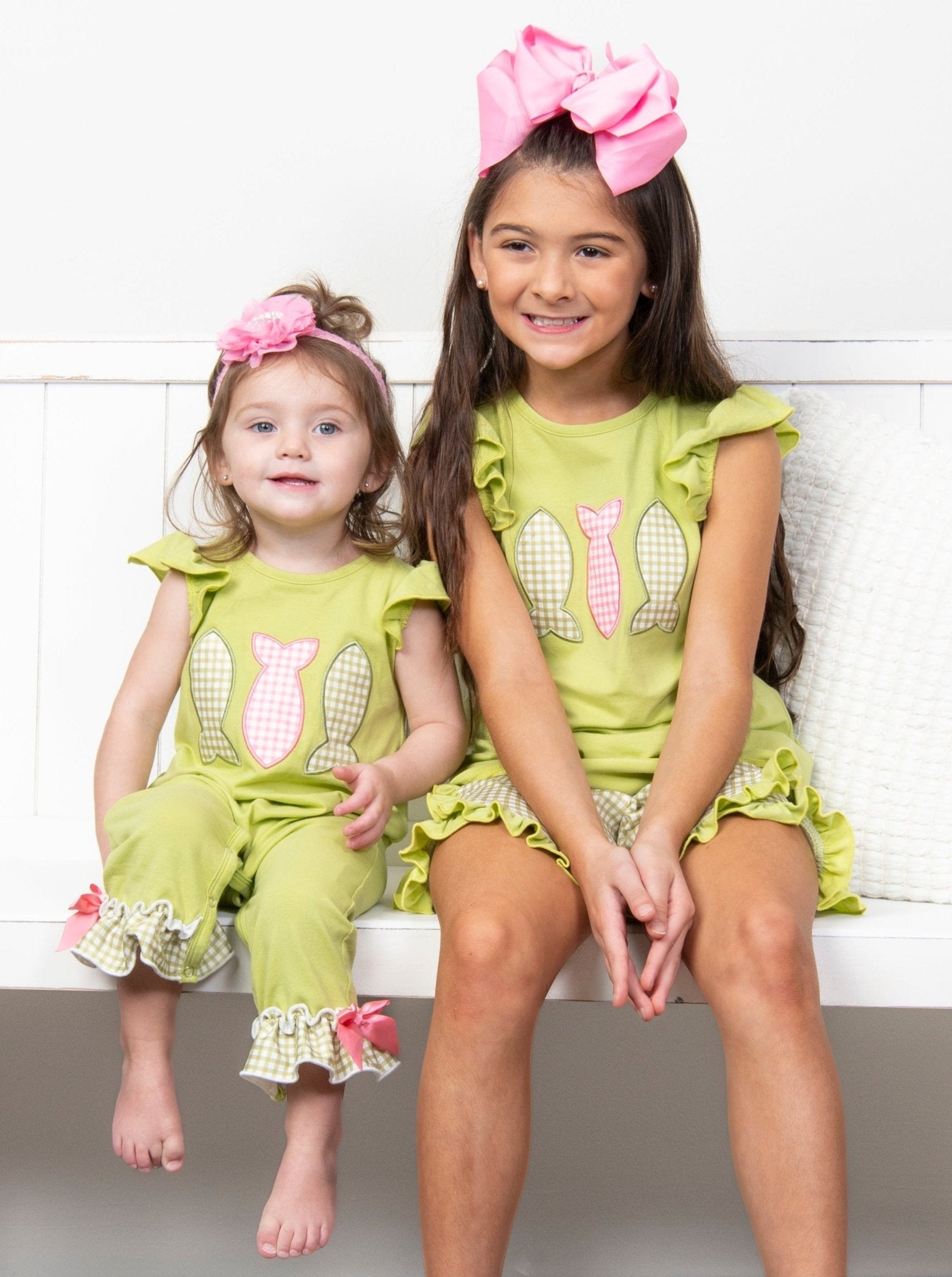 Green Gingham Fish Ruffle Romper - Marie Nicole Clothing