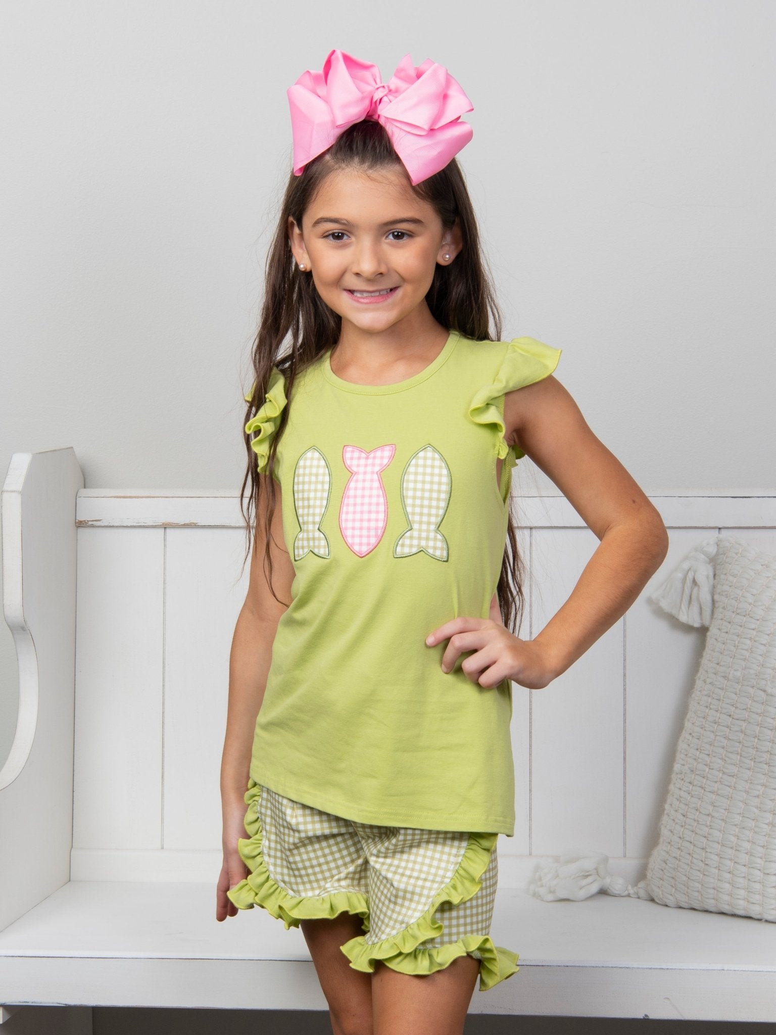 Green Gingham Fish Ruffle Outfit - Marie Nicole Clothing