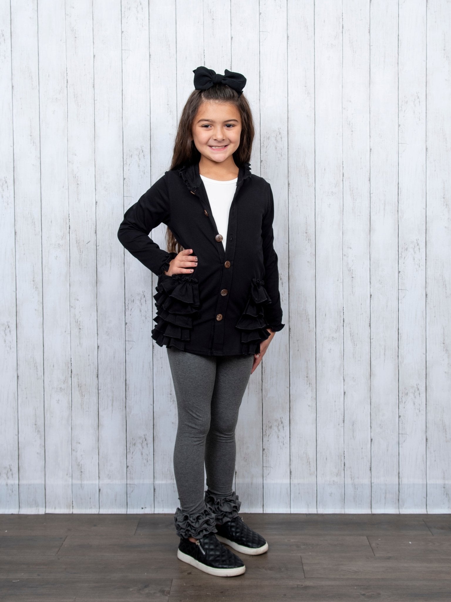 Cotton Ruffle Hooded Cardigan - Black & Red - Marie Nicole Clothing