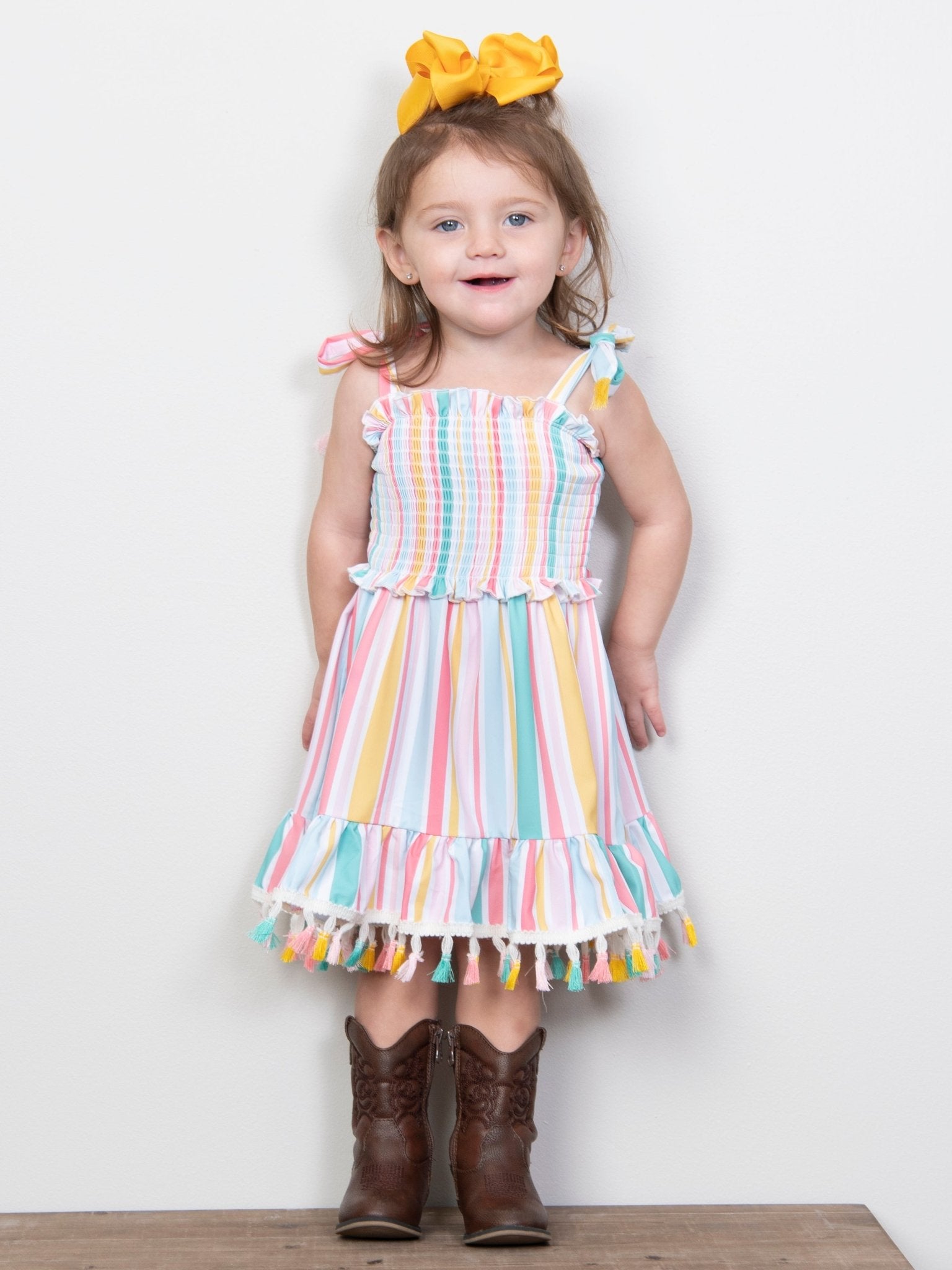 Spring Smocked Striped Tie Dress - Marie Nicole Clothing