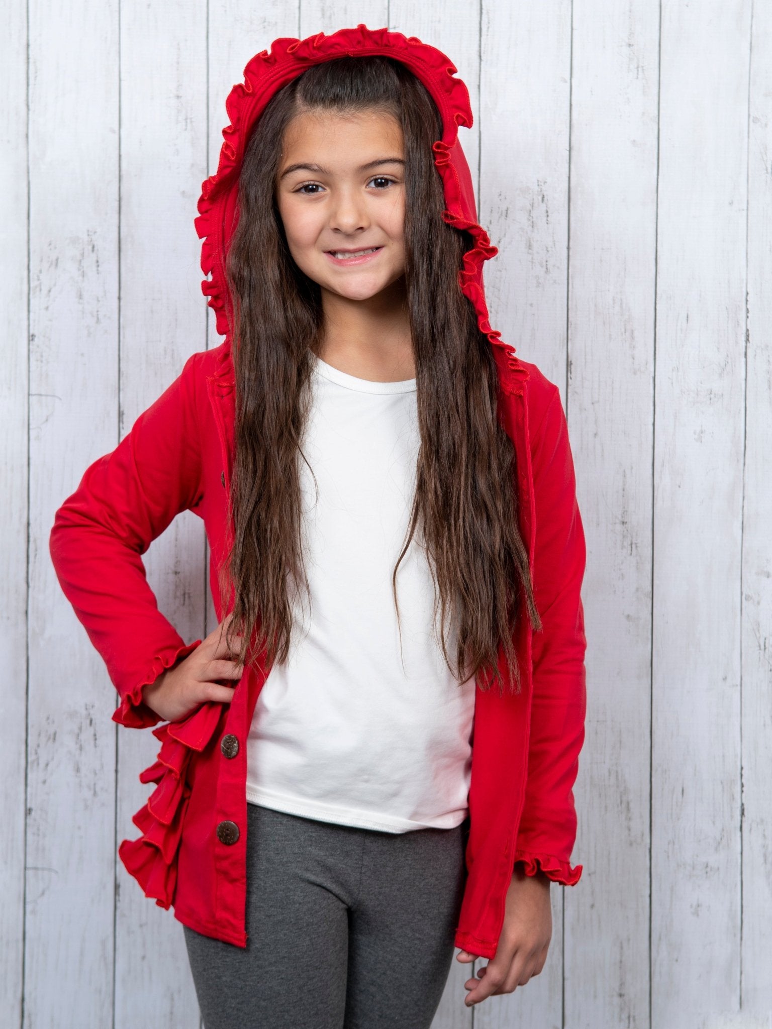 Cotton Ruffle Hooded Cardigan - Black & Red - Marie Nicole Clothing