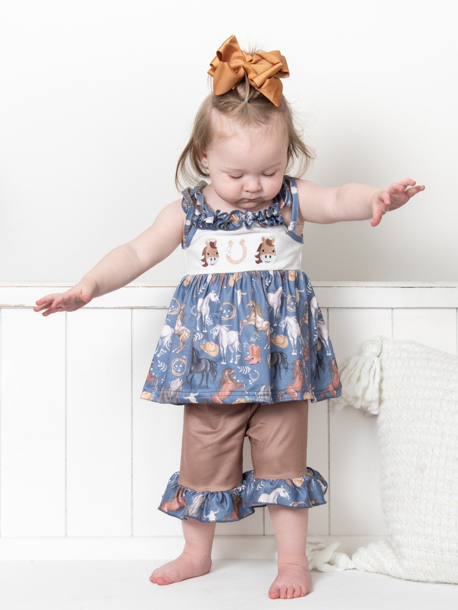 Steel Blue Horse Embroidered Ruffle Outfit - Marie Nicole Clothing