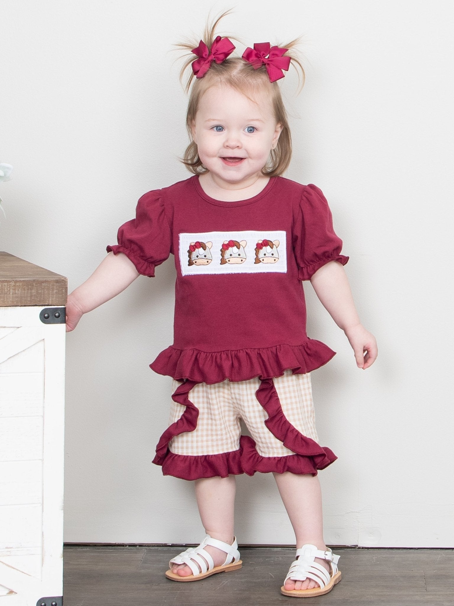 Maroon Smocked Horse Ruffle Outfit - Marie Nicole Clothing