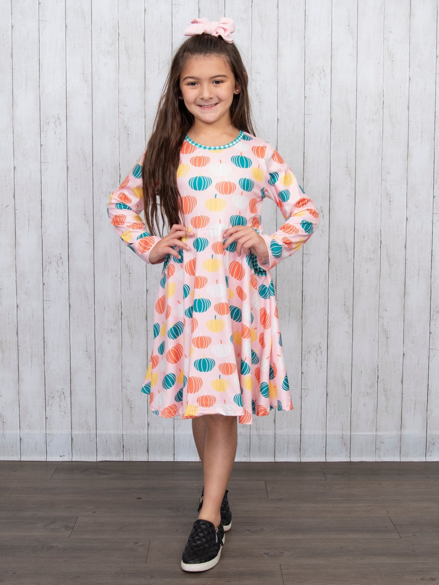 Pink Pumpkin & Green Gingham Swing Dress - Marie Nicole Clothing