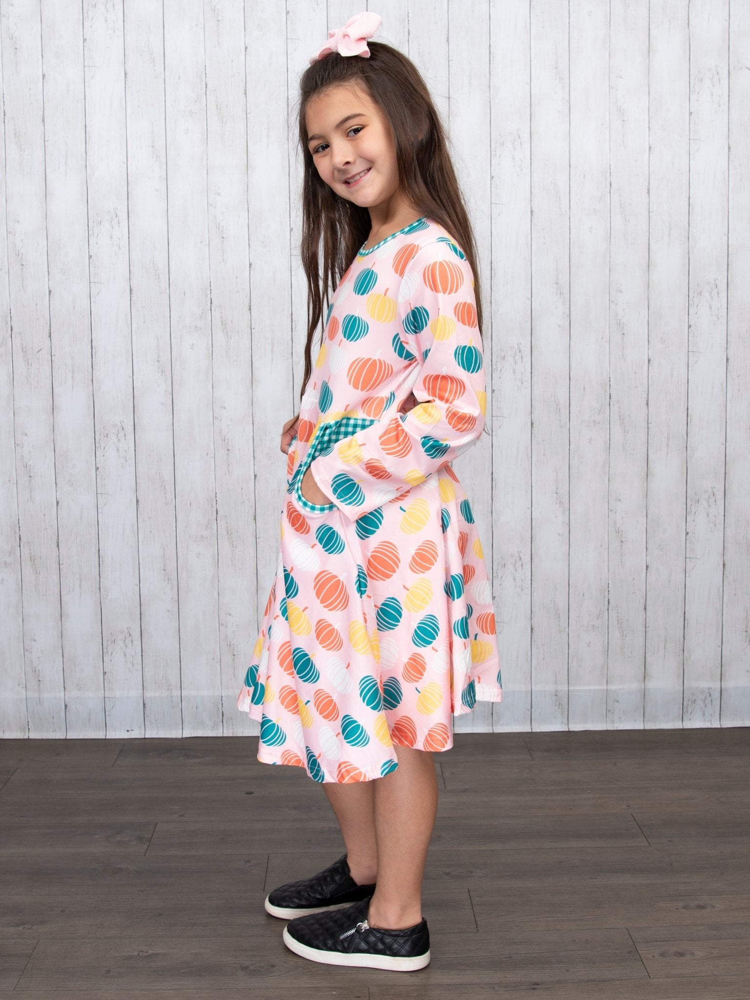Pink Pumpkin & Green Gingham Swing Dress - Marie Nicole Clothing