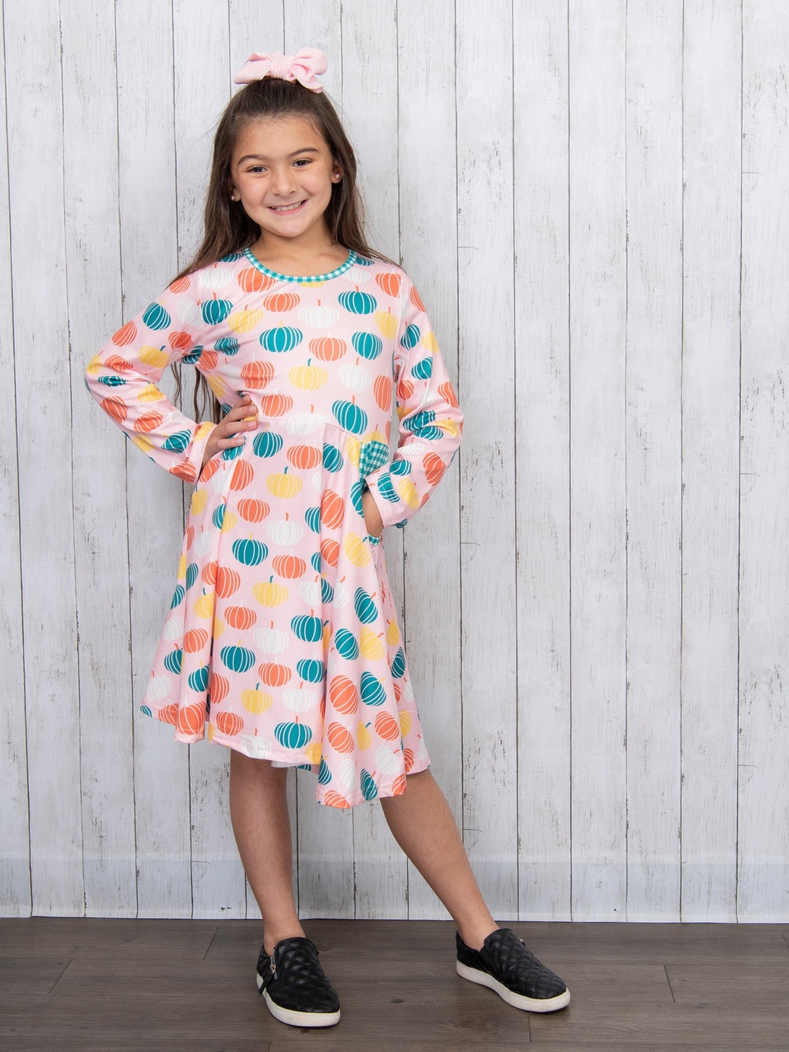 Pink Pumpkin & Green Gingham Swing Dress - Marie Nicole Clothing