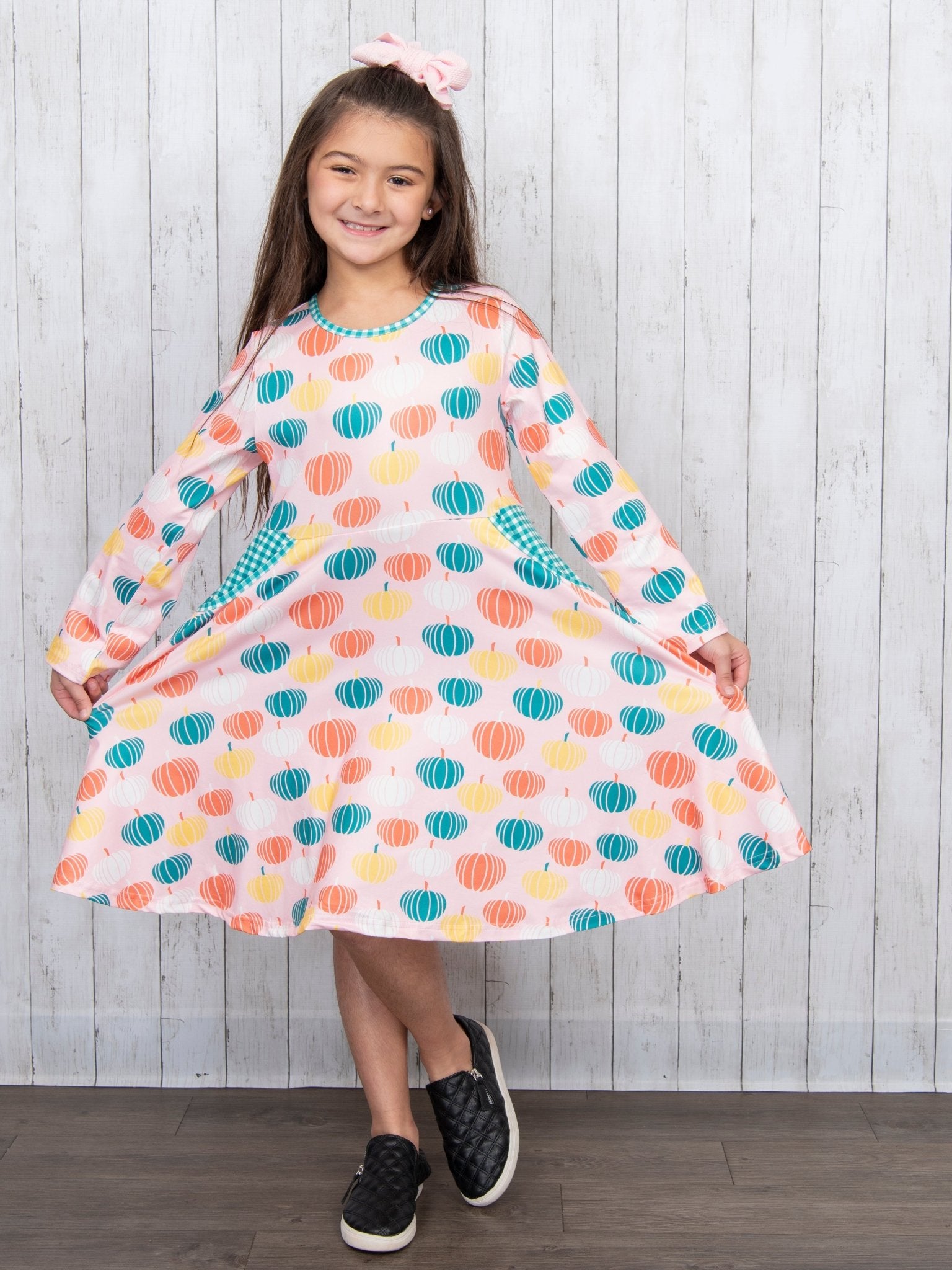 Pink Pumpkin & Green Gingham Swing Dress - Marie Nicole Clothing