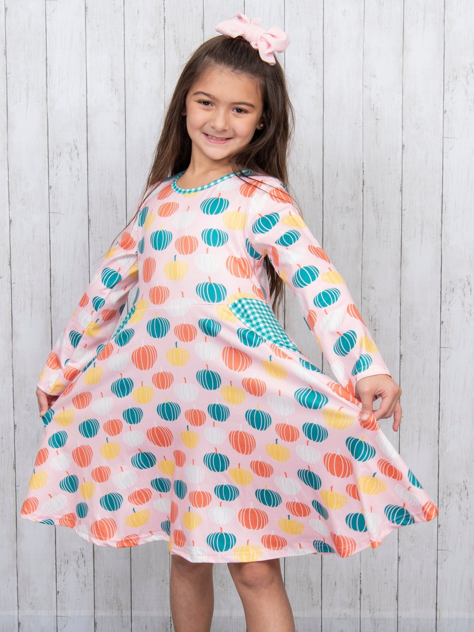 Pink Pumpkin & Green Gingham Swing Dress - Marie Nicole Clothing