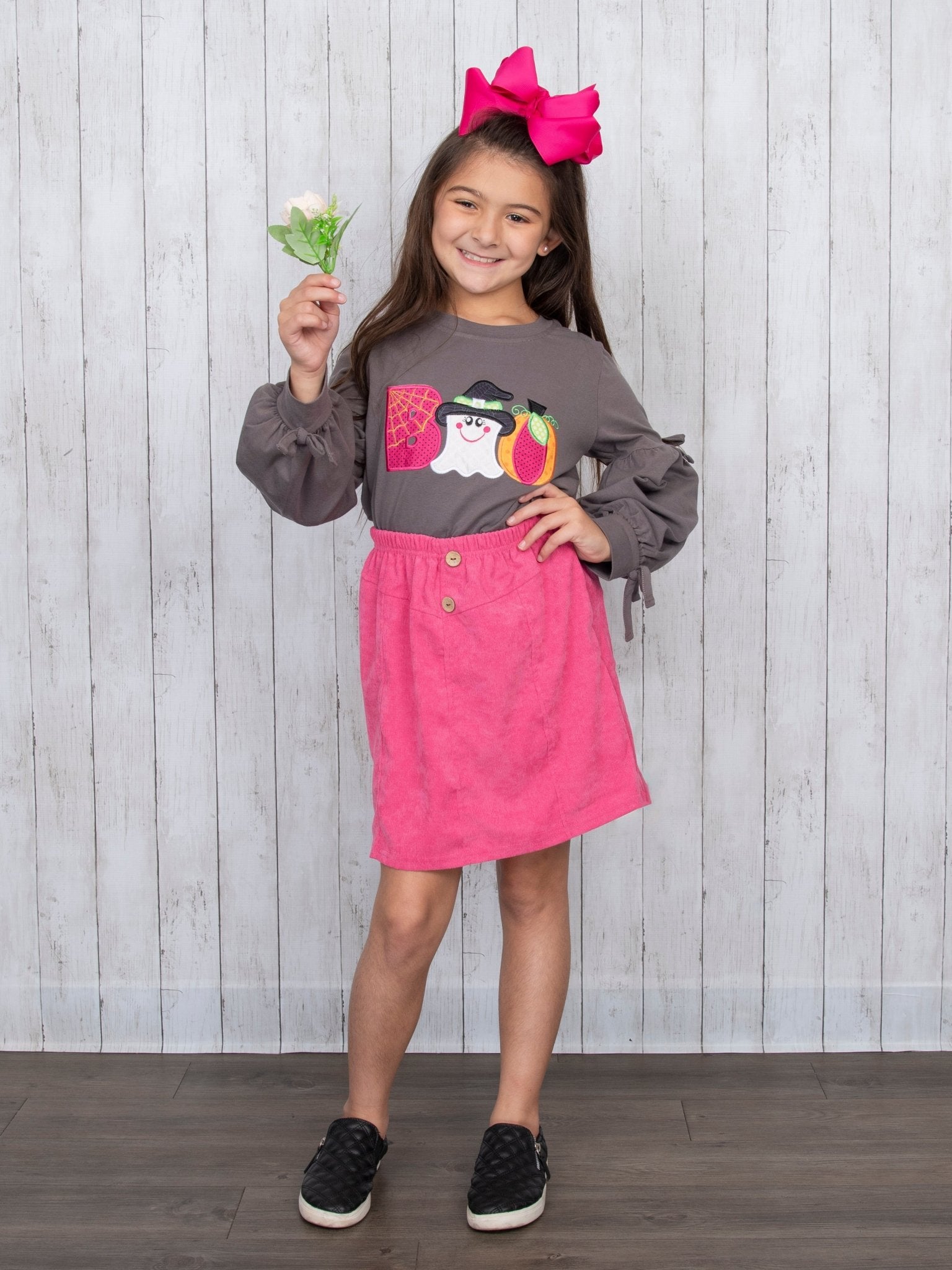 Grey "BOO" Long Sleeve & Fuchsia Skirt Outfit - Marie Nicole Clothing