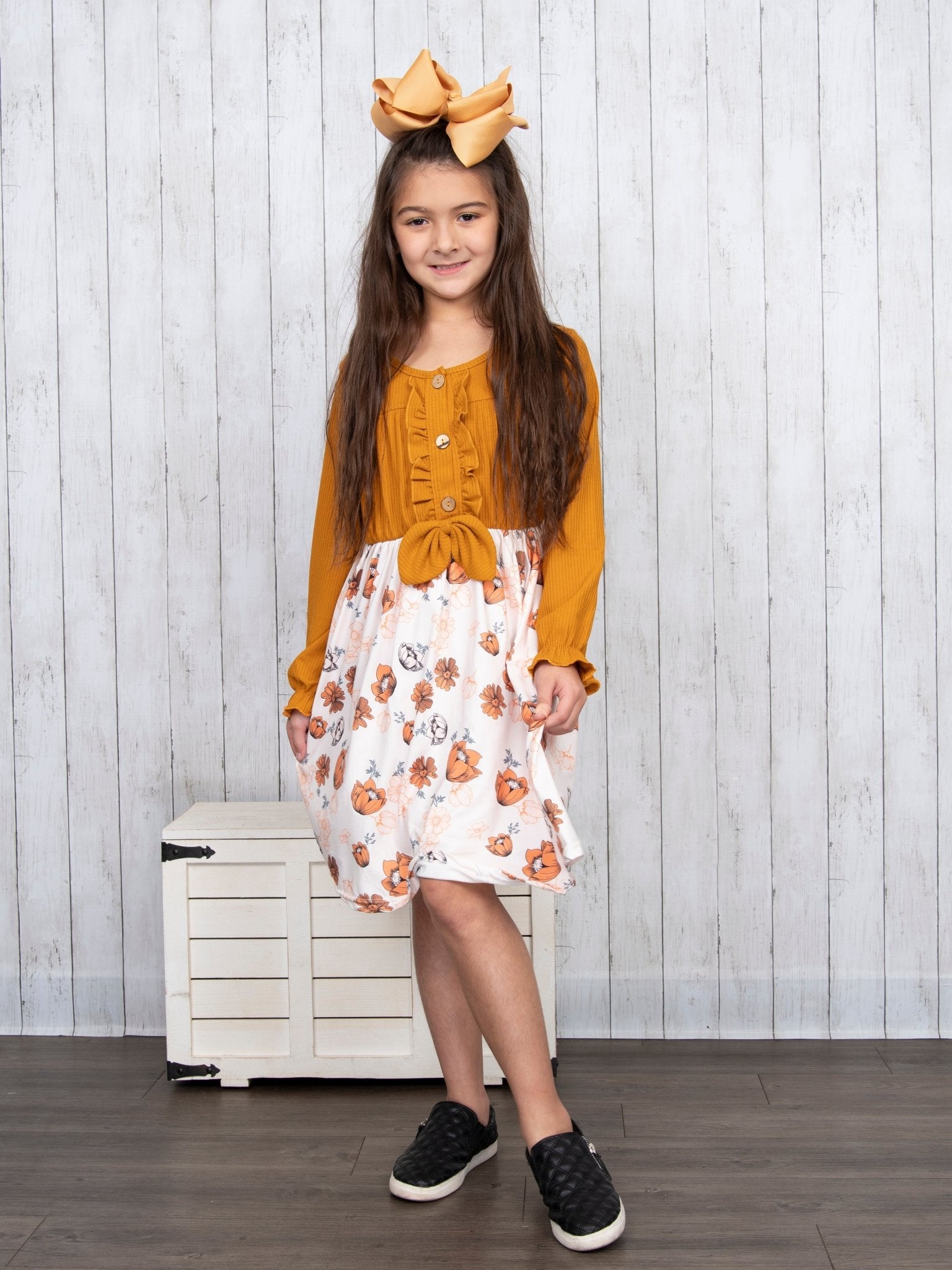 Brown Ribbed Floral Ruffle Dress - Marie Nicole Clothing