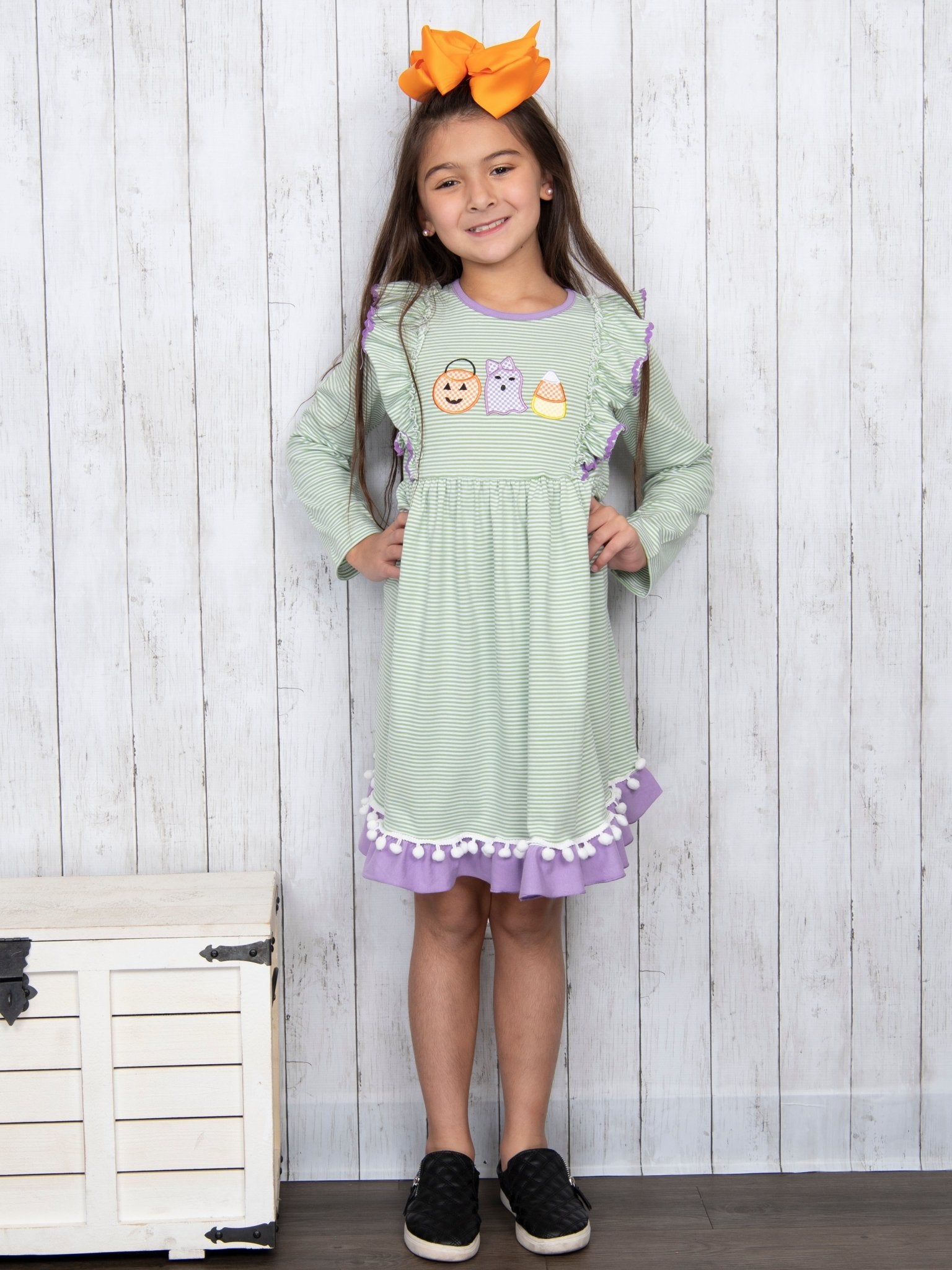 Green & Purple Halloween Pom Pom Dress - Marie Nicole Clothing