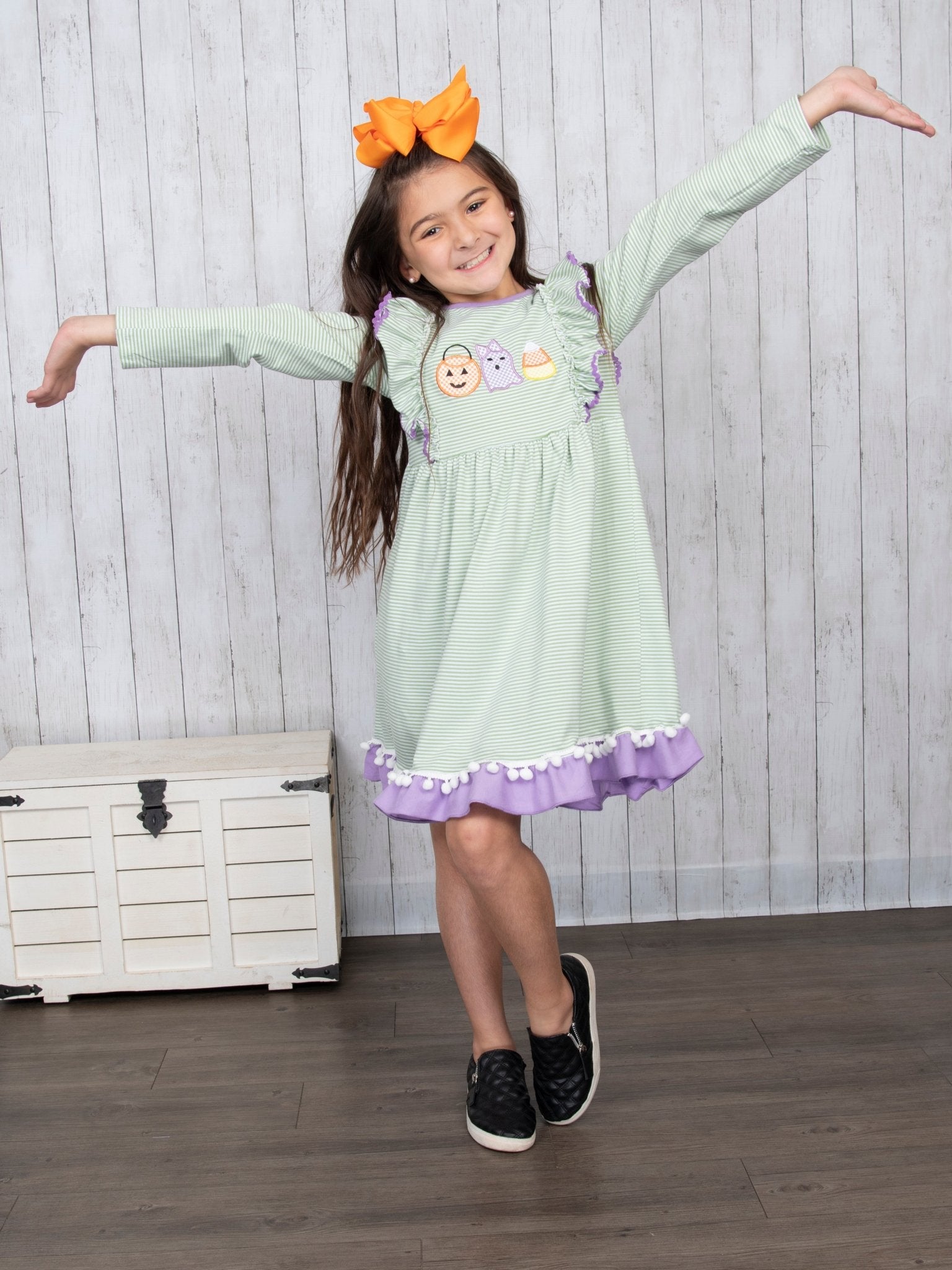 Green & Purple Halloween Pom Pom Dress - Marie Nicole Clothing