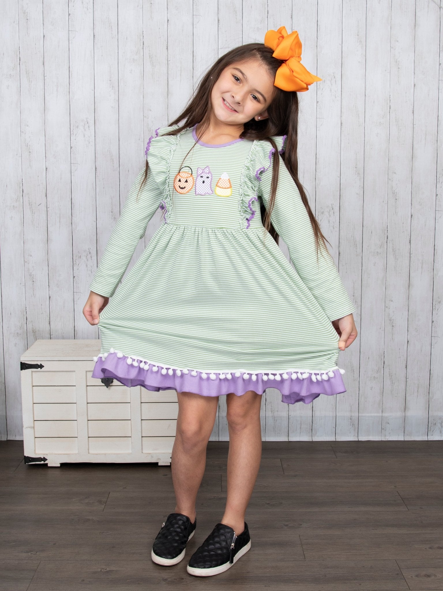 Green & Purple Halloween Pom Pom Dress - Marie Nicole Clothing
