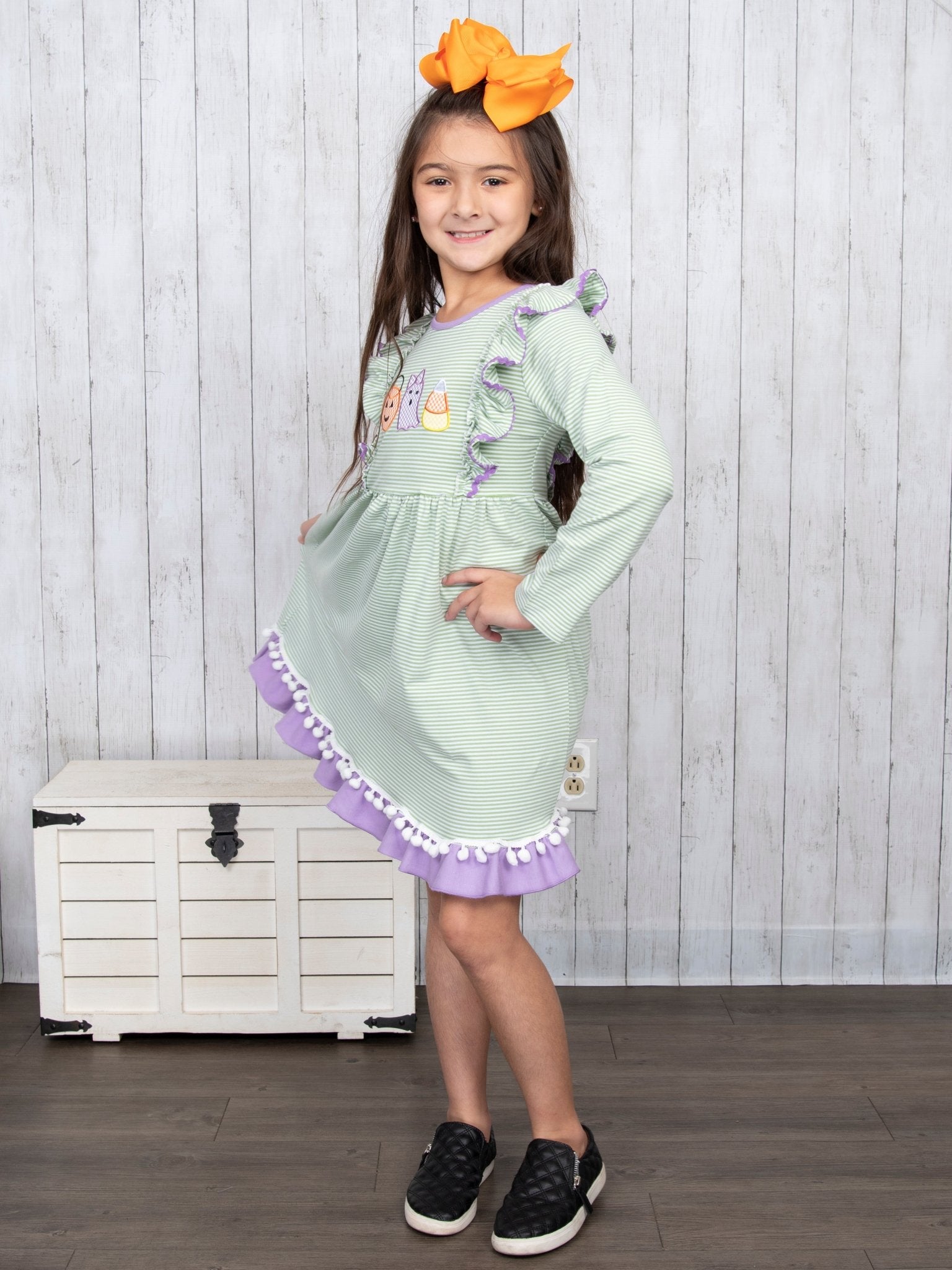 Green & Purple Halloween Pom Pom Dress - Marie Nicole Clothing
