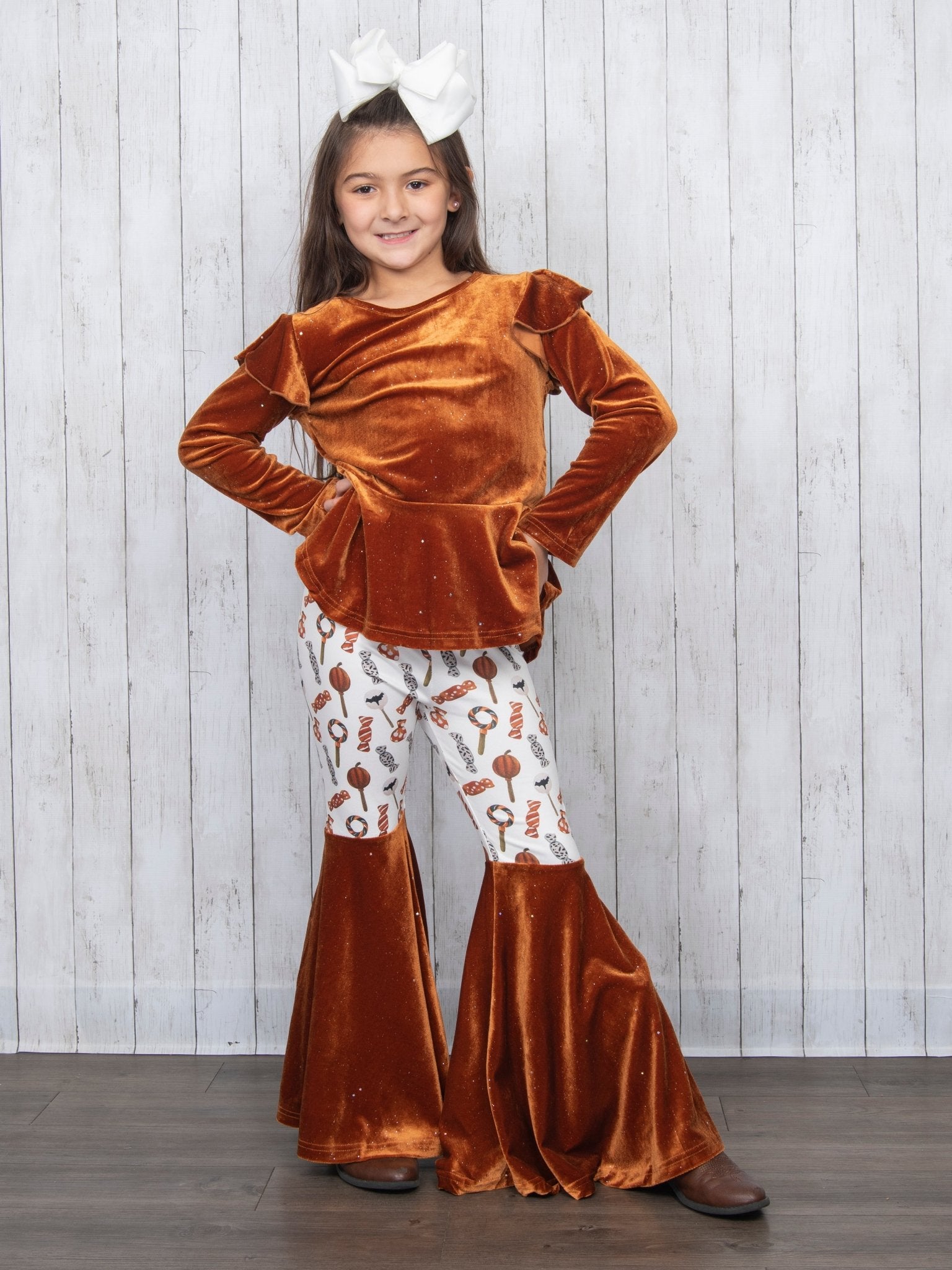 Brown Velvet Top & Orange Candies Bell Bottoms Outfit - Marie Nicole Clothing