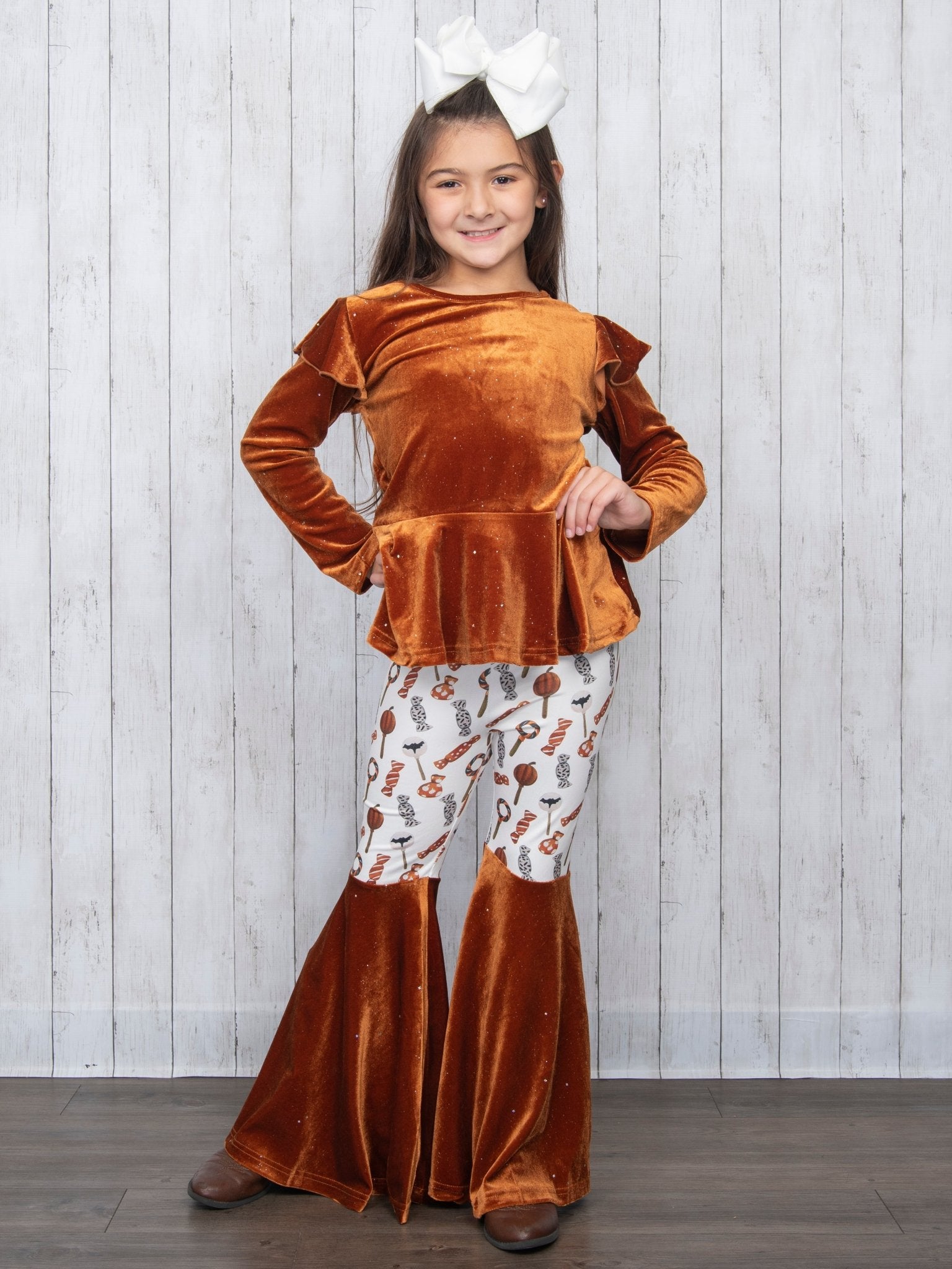 Brown Velvet Top & Orange Candies Bell Bottoms Outfit - Marie Nicole Clothing