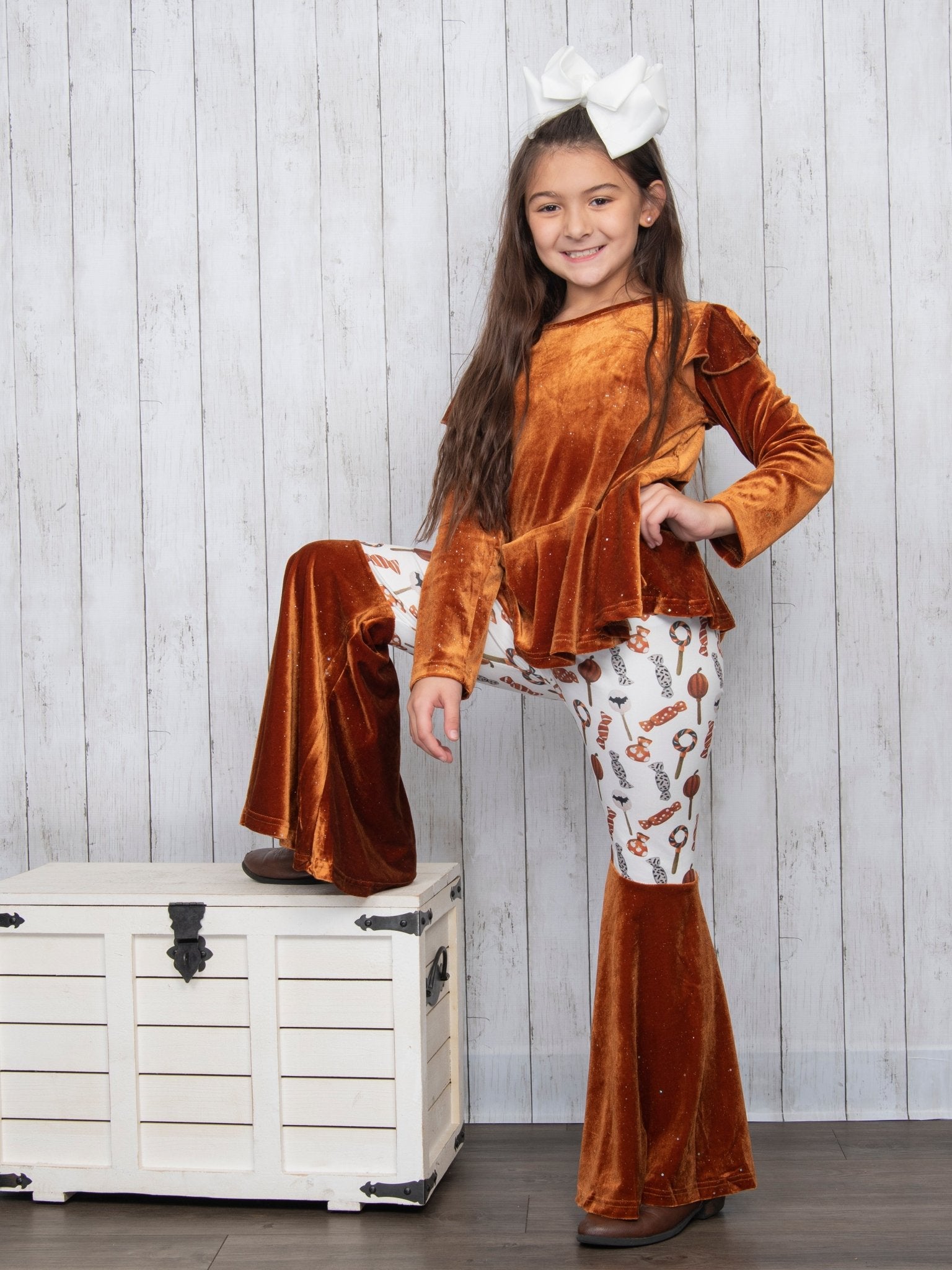 Brown Velvet Top & Orange Candies Bell Bottoms Outfit - Marie Nicole Clothing