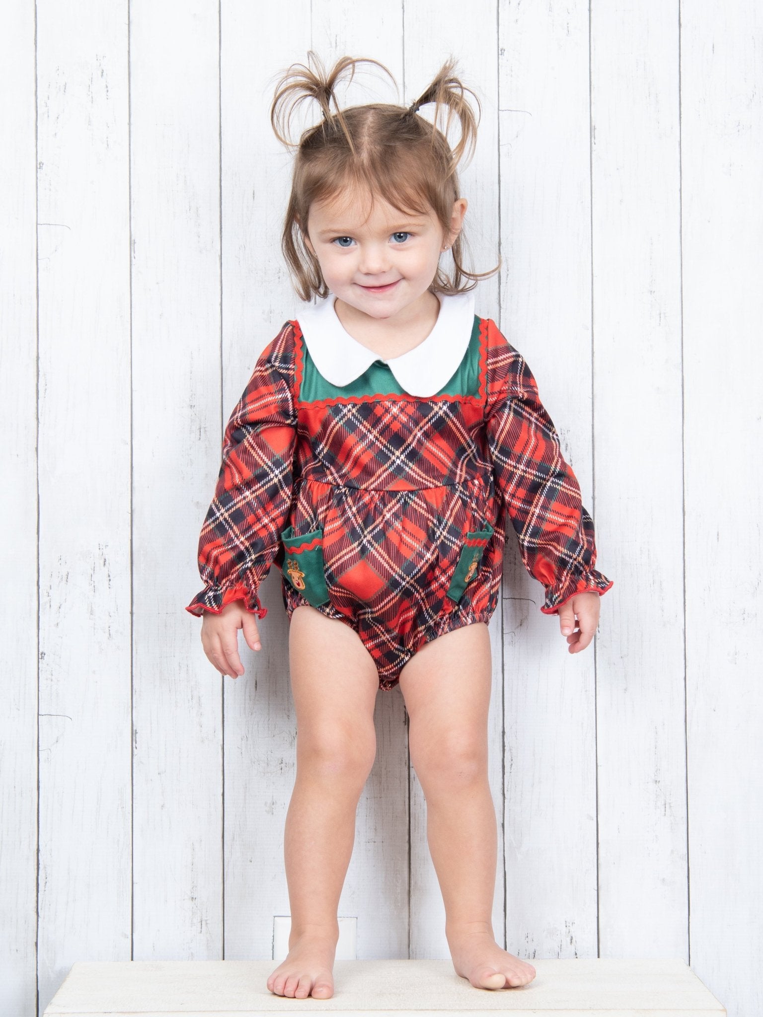 Red Plaid Reindeer Vintage Pocket Romper - Marie Nicole Clothing