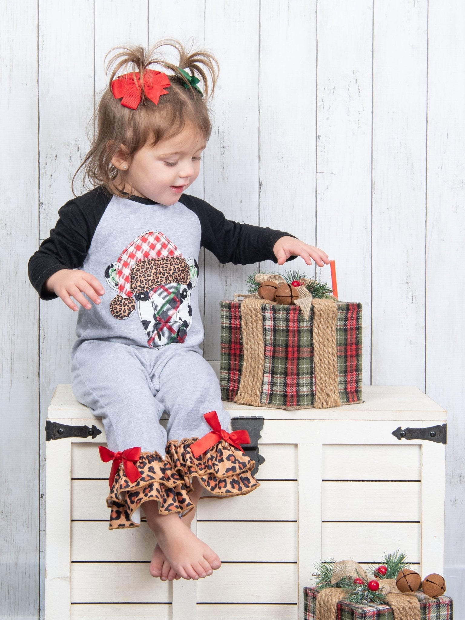 Festive Leopard Cow Ruffle Romper - Marie Nicole Clothing
