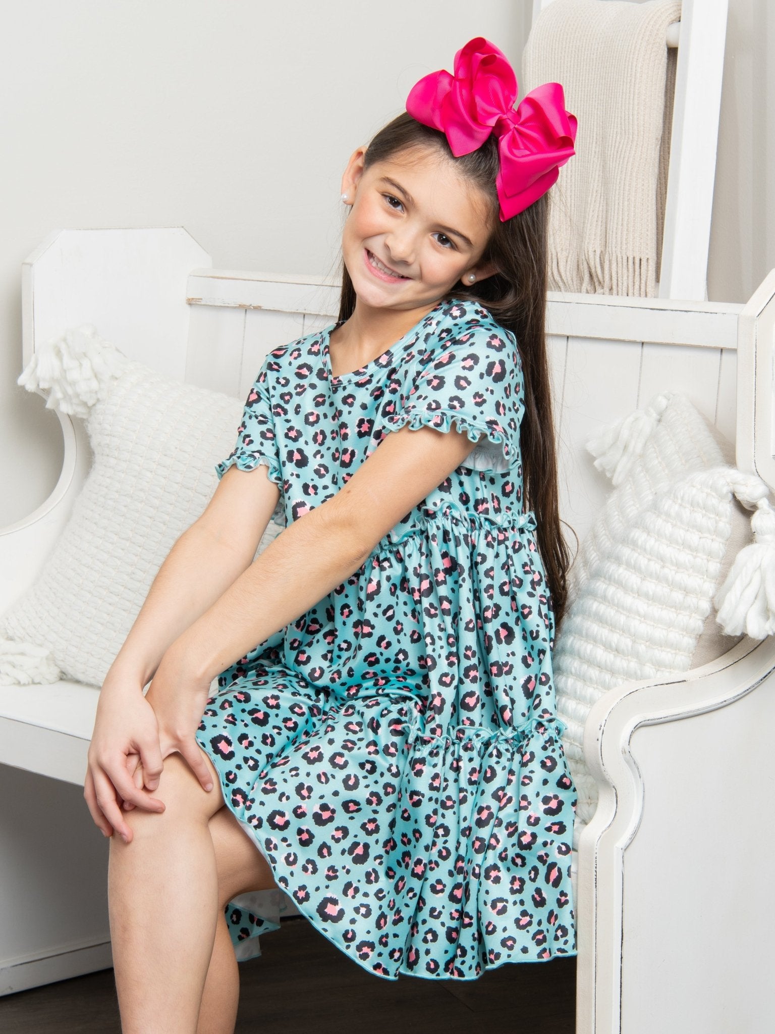 Turquoise Leopard Tiered Ruffle Dress - Marie Nicole Clothing