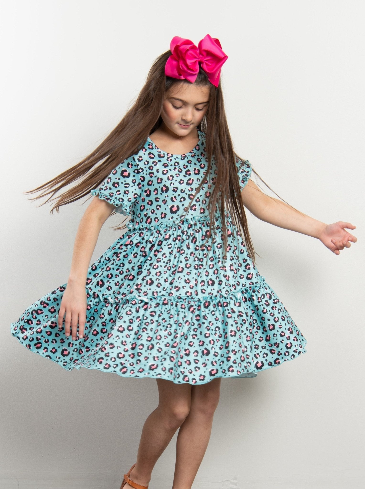 Turquoise Leopard Tiered Ruffle Dress - Marie Nicole Clothing